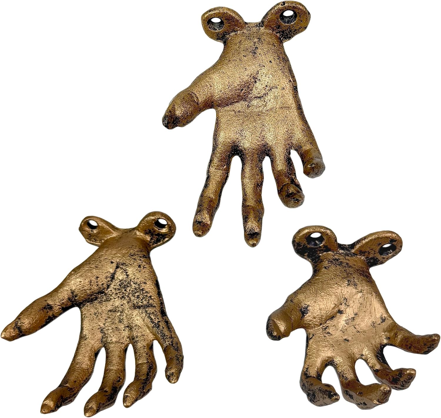Zeckos Set of 3 Cast Iron Creepy Hand Wall Hooks, Antique Gold Distressed Finish Gothic Wall Mounted Decor, 2.25 x 3.25 x 4 Inch Jewelry Holders for Entryway, Bedroom, Bathroom or Covered Patio