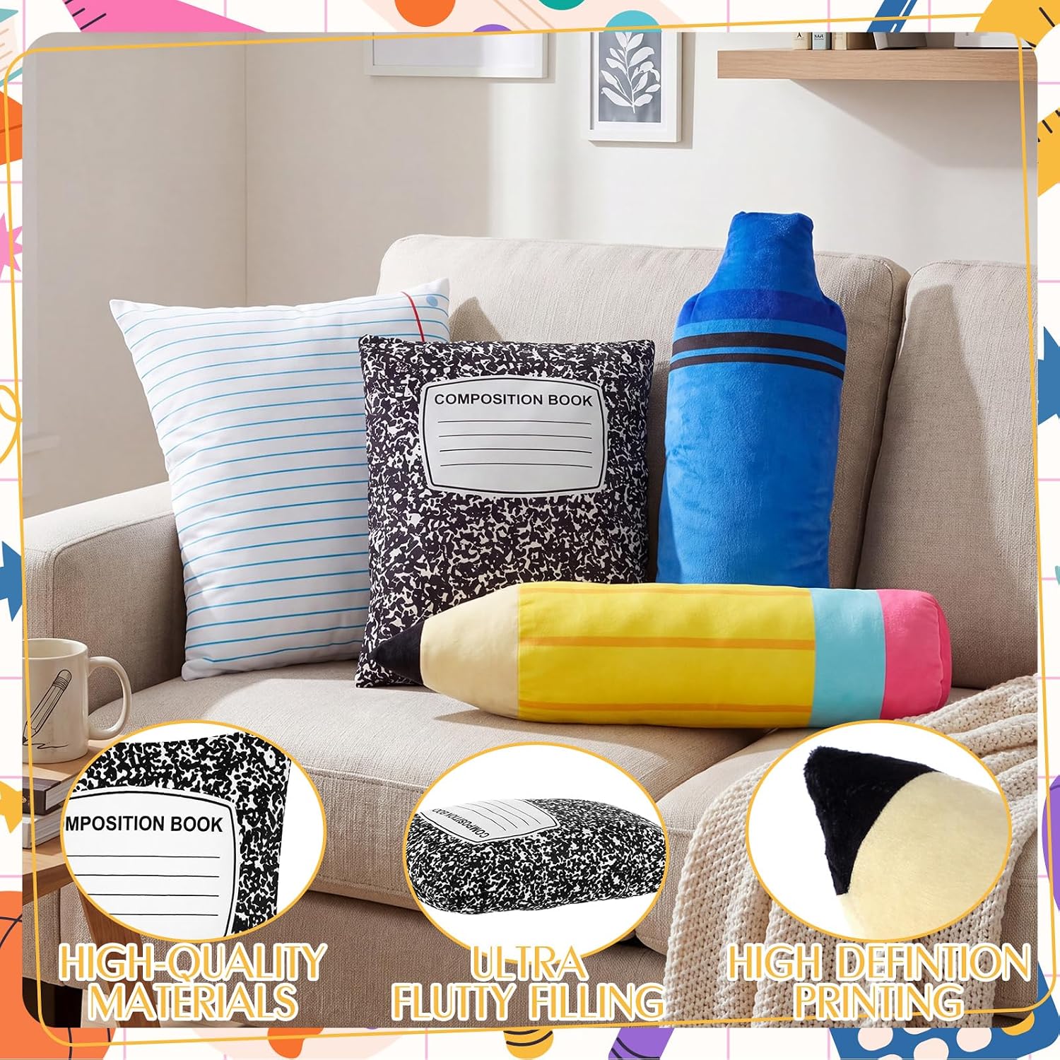 Peryiter 4 Pcs 16 Inch Back to School Throw Pillows First Day of School Classroom Decor Pencil Crayon Notebook Composition Shaped Plush Pillows for Reading Room Home Sofa Decor Teacher Gift