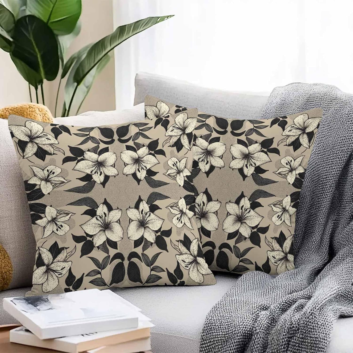 Outdoor Waterproof Throw Pillow Covers Set of 2 Black Floral Pillowcases 26x26 Inches Vintage Khaki Flowers Decorative Pillows Cushion Case Patio Pillows for Couch Bed Chair Garden
