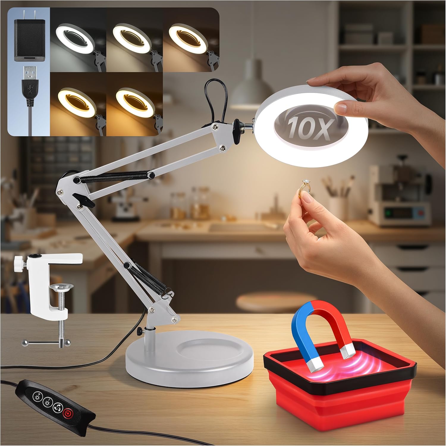 10X Magnifying Lamp - Desk Magnifying Glass with Light, Lighted Magnifying Glass with Stand, White Magnifying Light, 5 Color Modes, 2 Mounting Options, USB Cable, Adapter & Magnetic Tray