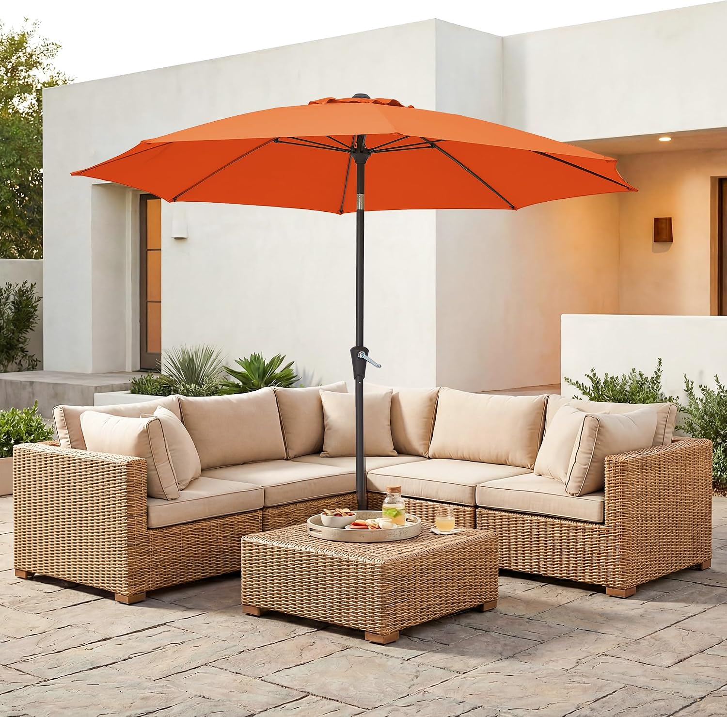 JEAREY 9FT Outdoor Patio Umbrella,Market Table Umbrella with 8 Fiberglass Ribs, Pool Umbrella with Tilt and Crank, UV Protection Lightweight & Wind-Resistant for Lawn, Garden, Deck and Backyard, Orange