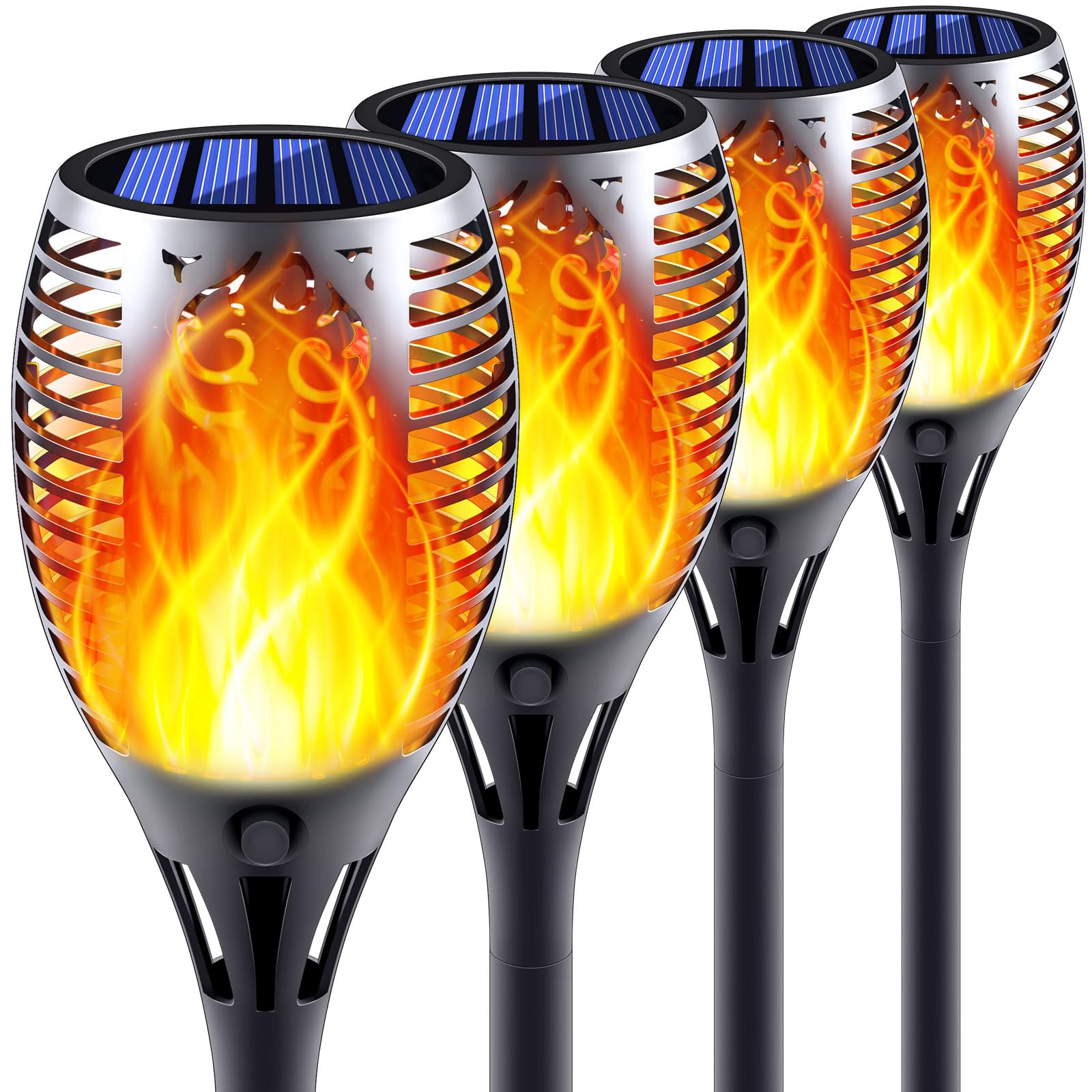 Solar Torch Lights with Flickering Flame, Fire Effect Garden Light, Auto On/Off Dust to Dawn, Outdoor Waterproof Landscape Decoration, Solar Powered Security Torch Light for Patio, 4 Pack