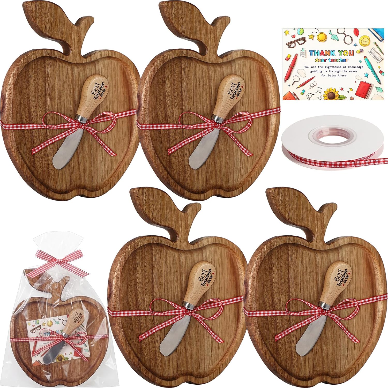 4 Set Teacher Appreciation Gifts Back to School Teacher Gifts Include Apple Wood Cutting Board Butter Knife Greeting Card Gift Bag, Thank You & End of Year Gift Prize for Women Men