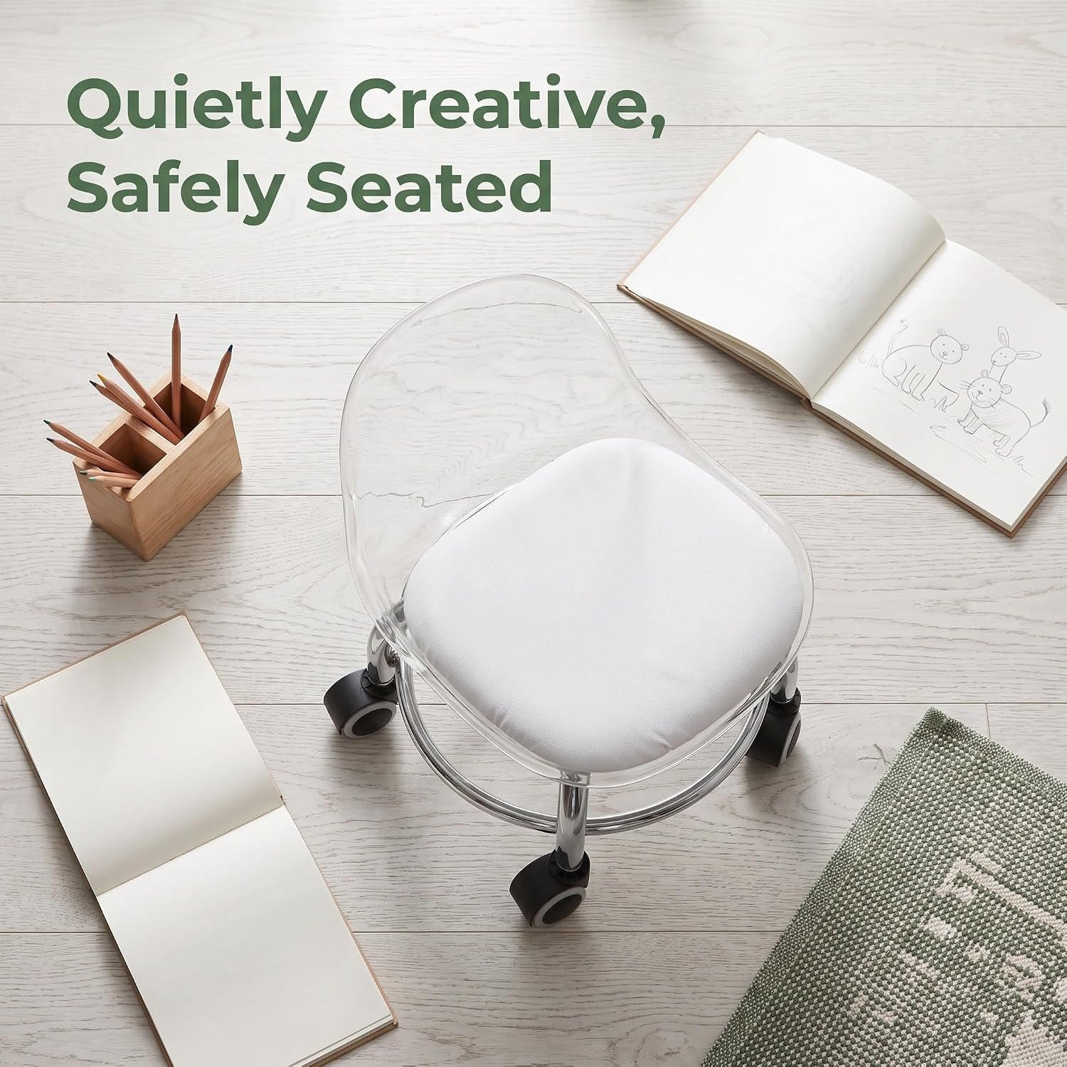 Rolling Stool Chair with Wheels, Low Back Support Acrylic Alloy
