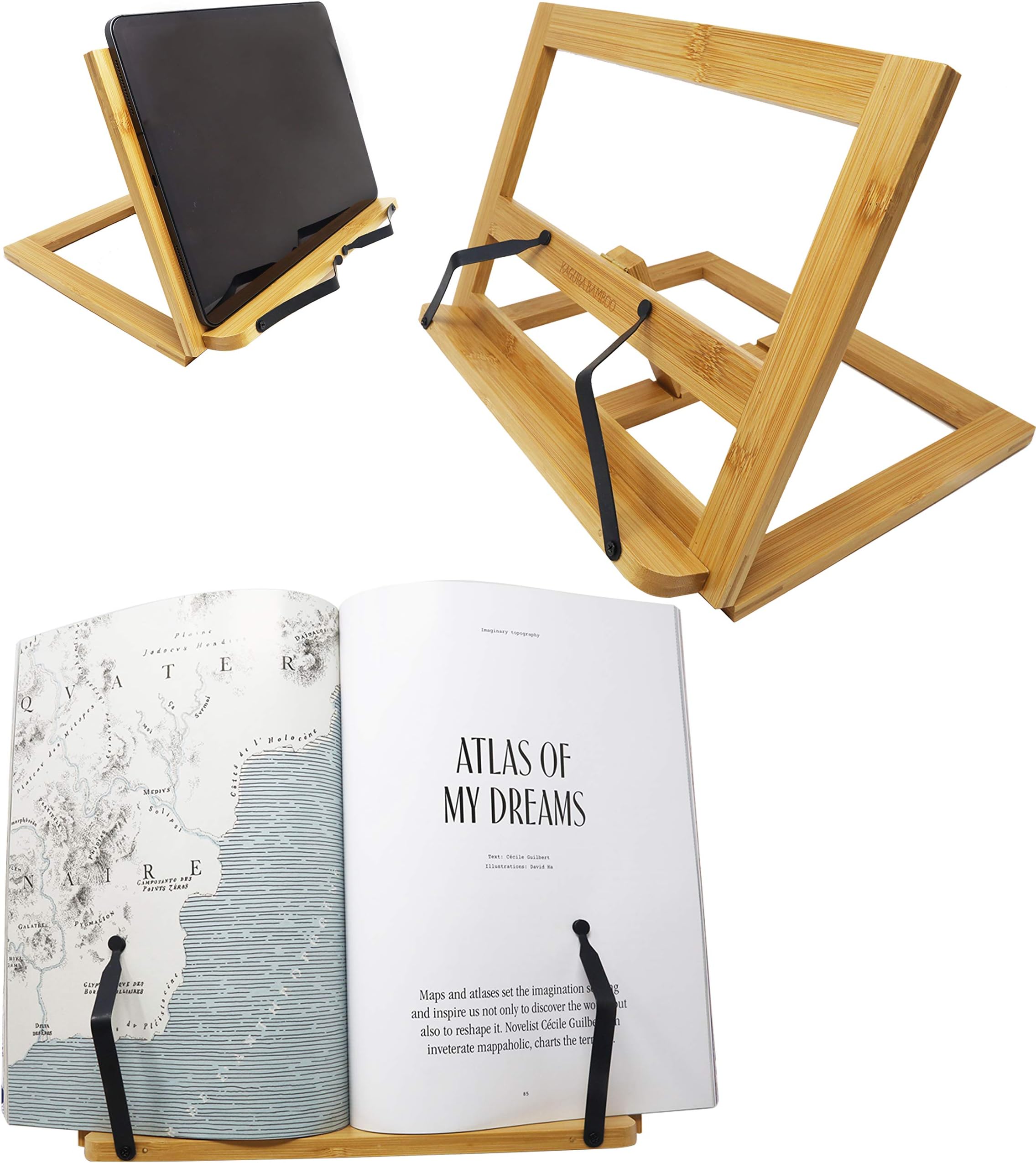 Bamboo Tablet Stand Holder Adjustable Foldable Book Reading 12" x 8" x 2" Rest Cookbook Recipe Tray