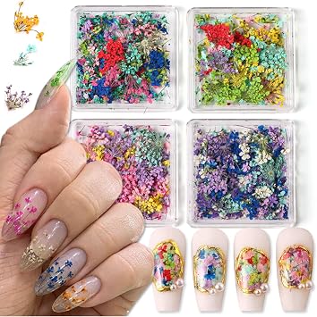 4 Boxes 3D Dried Flowers Nail Art Stickers Mini Dried Flower Nail Stickers Mixed Colors Dried Gypsophila Flowers Natural Floral Dried Flower Decals for Women Girls Nail Decorations DIY Craft