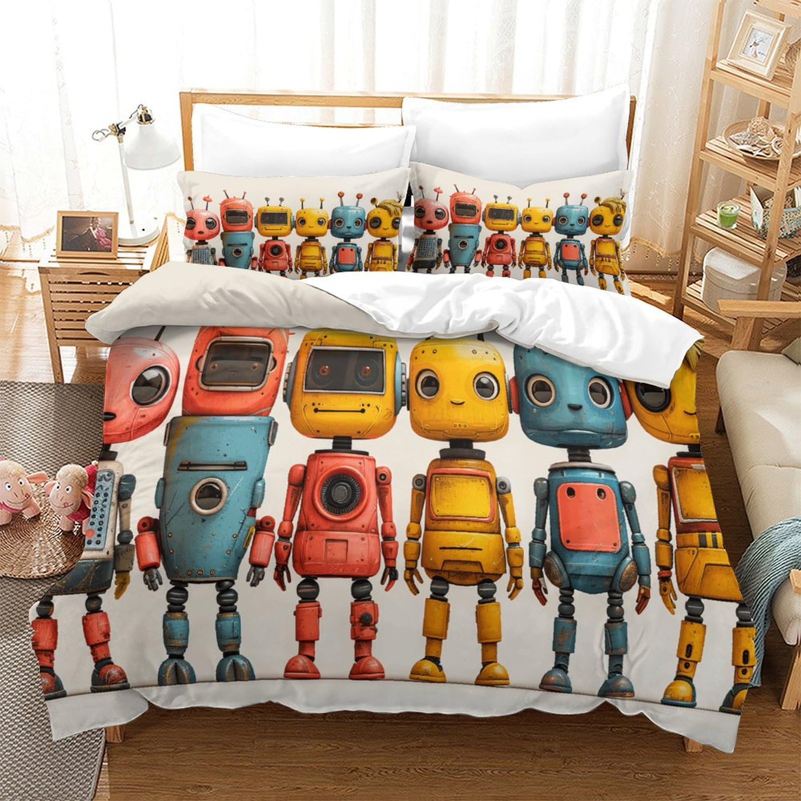 P1S9U7W5Y 3D Printed Colorful Robot Duvet Cover Set 3pcs Microfiber Cute Robot Bedding Set for Bedroom Single（140x200cm）