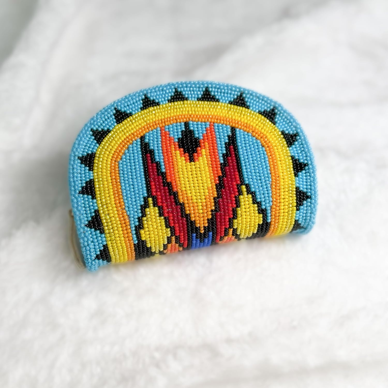 Mini Coin Purse for Women Light Blue Beaded Small - Handmade Zipper Wallet Pouch Native American - Czech Seed Beads Leather Change Purse Cute Vintage Boho Gift Wristlet Travel Compact