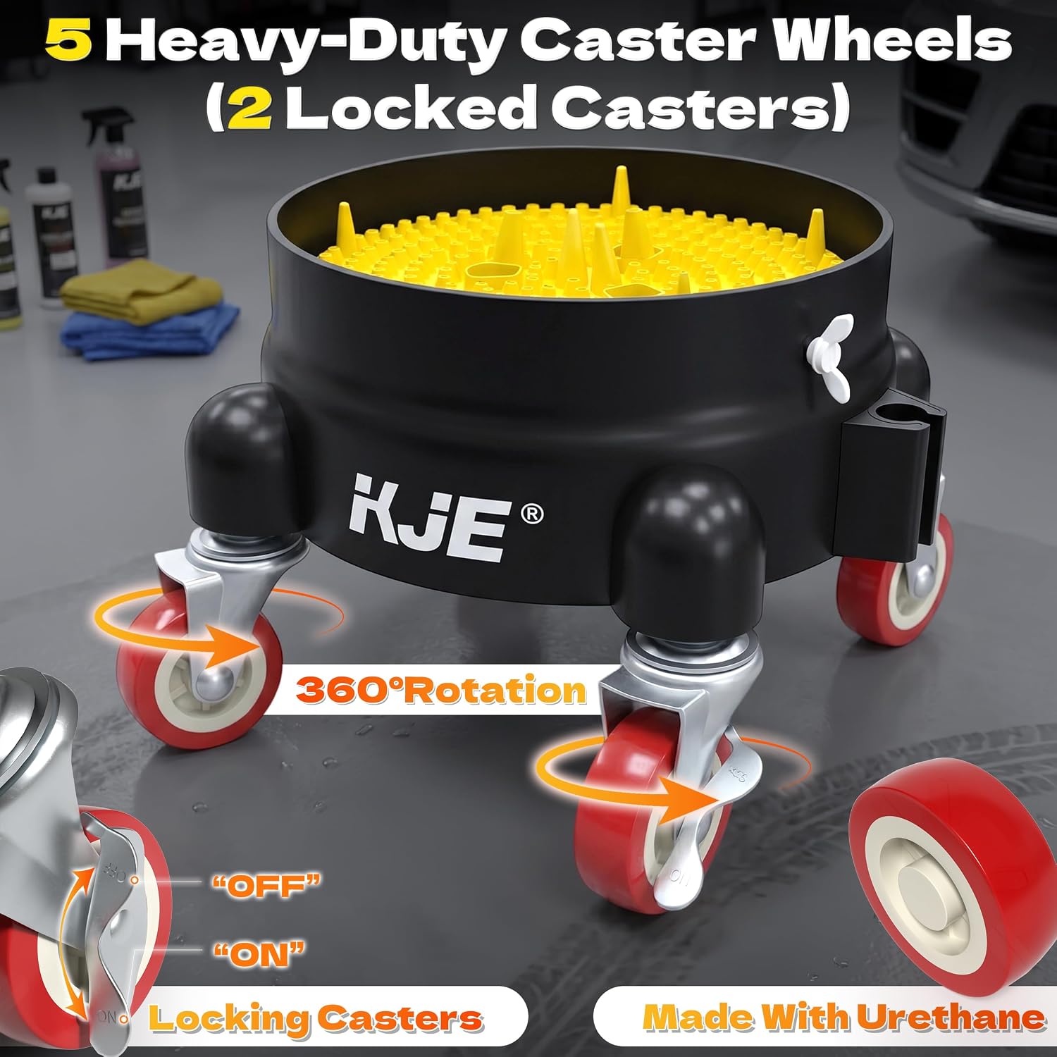KJE Bucket Dolly with Wheels, 360° Rolling Car Wash Buckets Dolly for Detailing, Rolling Wash Bucket with 5 Wheels and 2 Locking Casters, Compatible with 2.5-7 Gallon Buckets, Supports Up to 300 lbs
