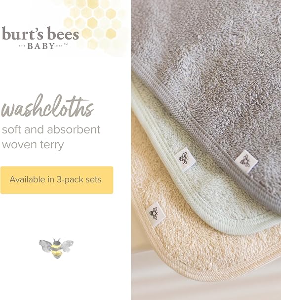 Burt's Bees Baby Infant Washcloths, 100% Organic Cotton 9x9 in, 3-Pack | Soft, gentle knit terry 100% organic cotton wash cloths are the perfect bath time essential