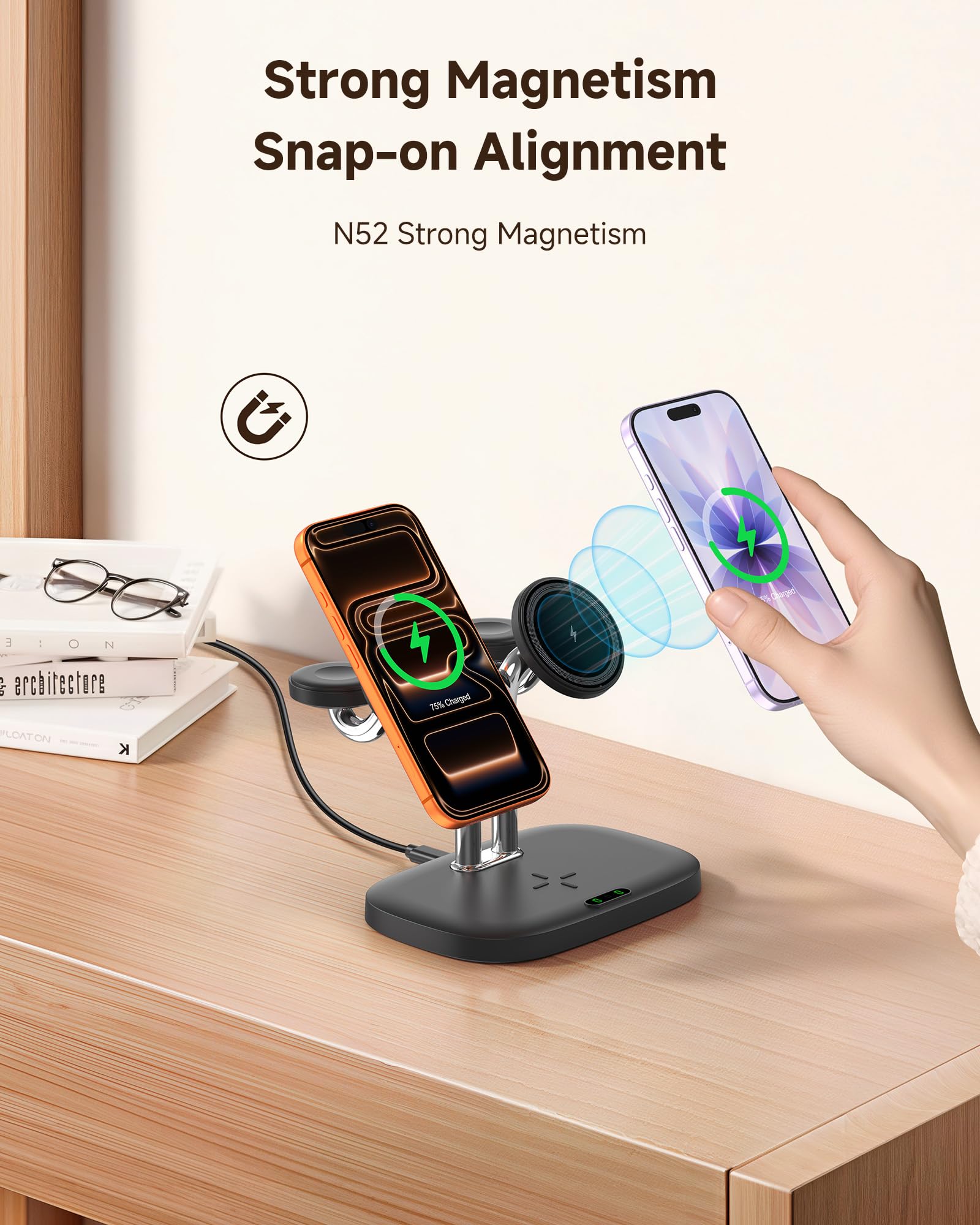 Chargeur 5-en-1 Double pour 2 iPhone, Station de Charge pour 2 Apple Watch | Chargeur Magnétique sans Fil pour iPhone Air/17/16/15, Double Recharge Rapide 5W pour Apple Watch 11/10/Ultra 3/SE 3