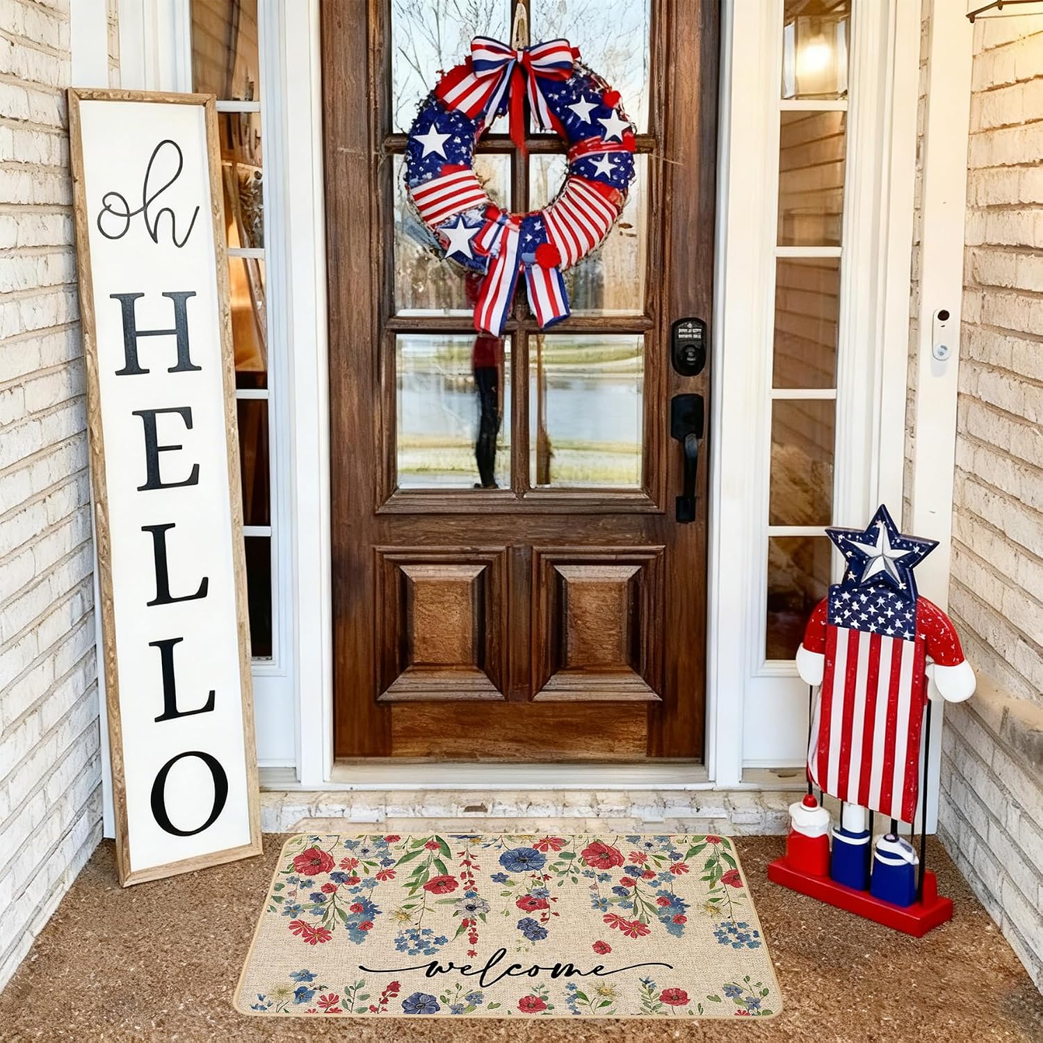 Baccessor Welcome Floral Blue Red Flowers Leaves Patriotic 4th of July Doormat Memorial Day Home Decor Low-Profile Switch Door Mat Floor Mat for Indoor Outdoor 17x29 Inch