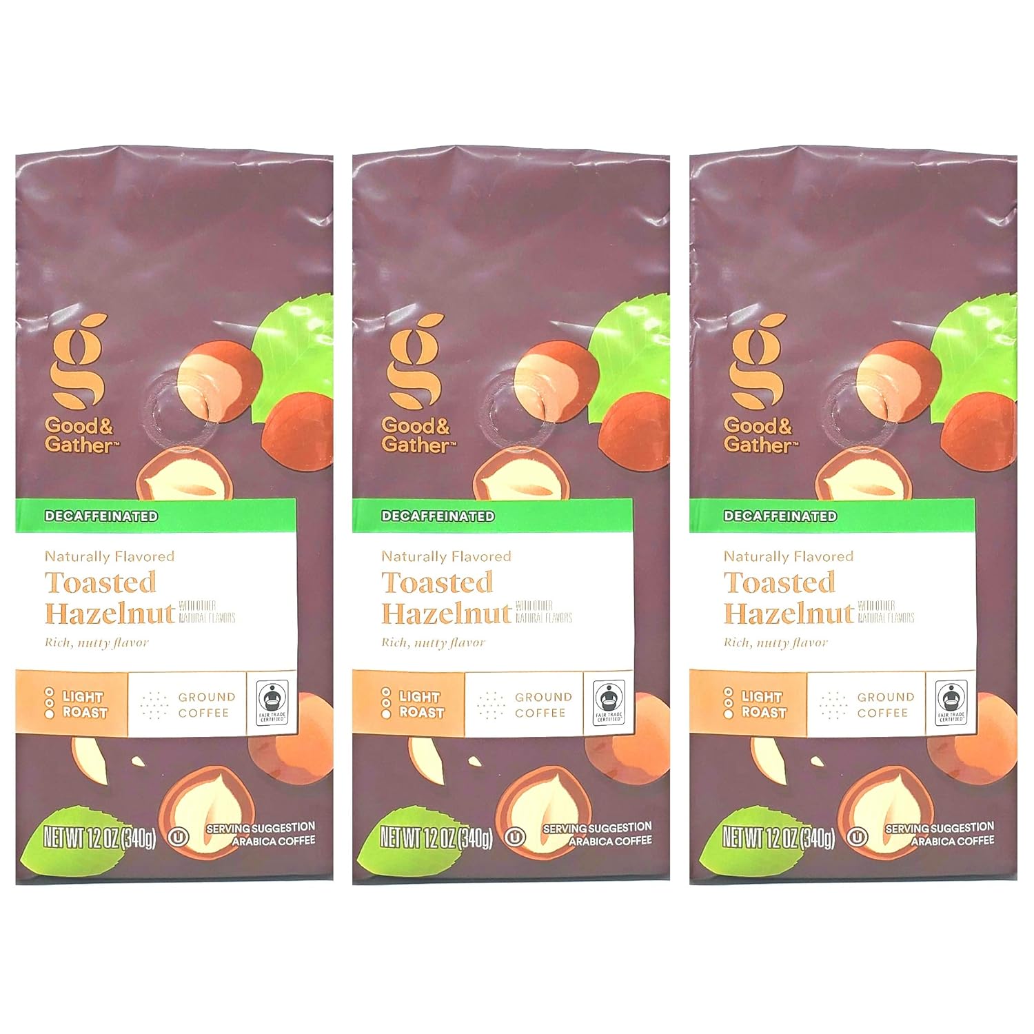 Good and Gather Ground Toasted Hazelnut Coffee - Decaffeinated - Bulk Pack of 3 Bags - 36 Total Ounces - Light Roast - Arabica Coffee -