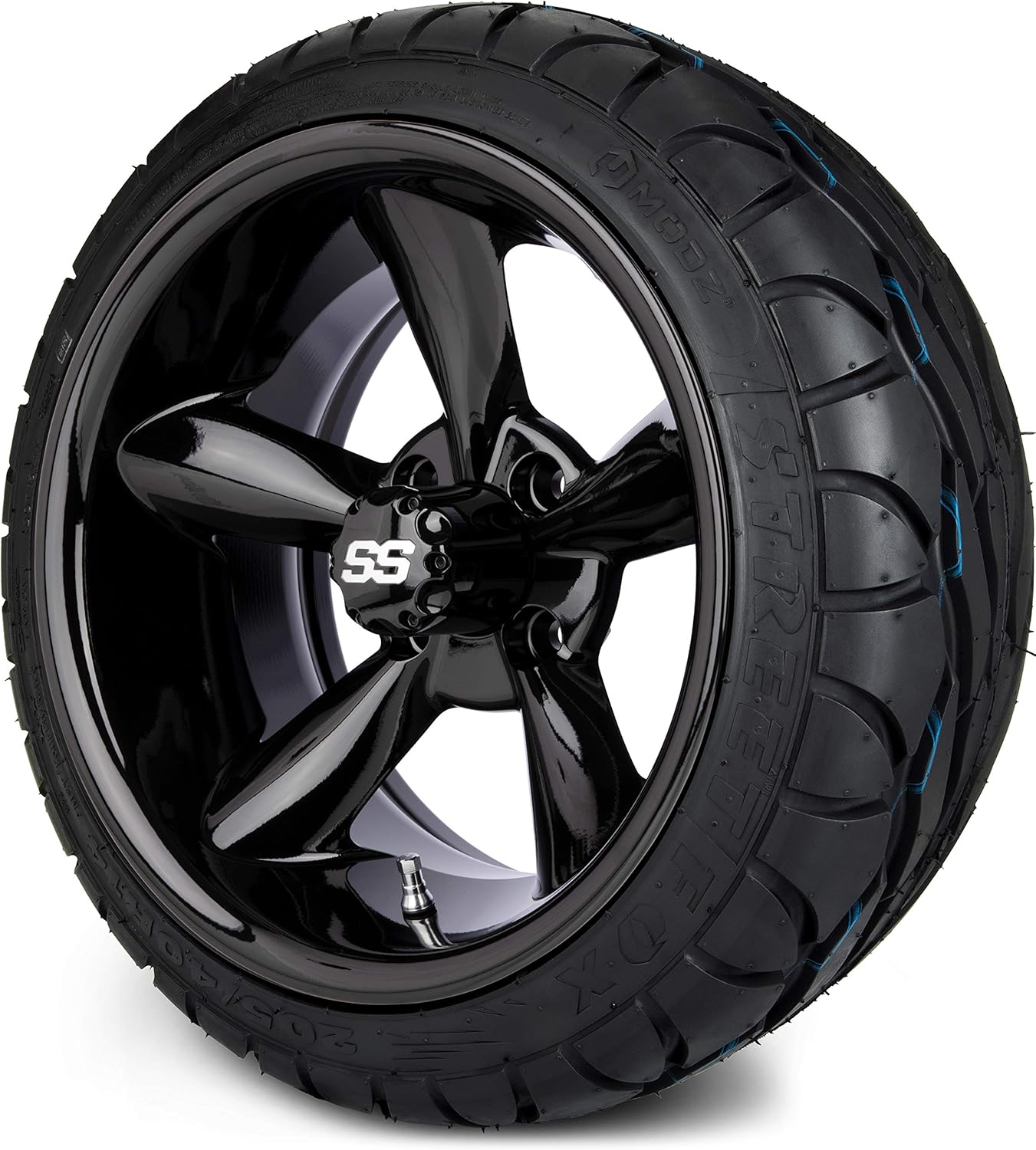 MODZ® Godfather Glossy Black 14" Golf Cart Wheels and MODZ® Street Fox (205/40-R14) Golf Cart Radial Tires Combo - Set of 4