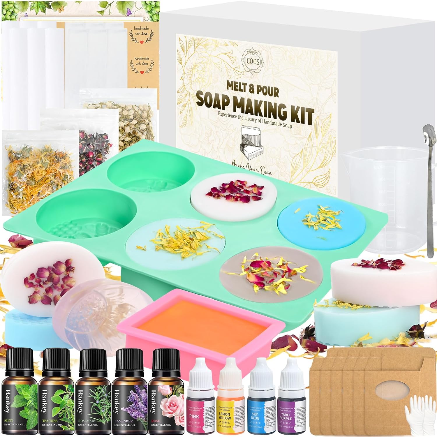 Jcoos Soap Making Kit, Soap Making Kit for Adults, Teen- Shea Butter Glycerin Melt and Pour Base, Molds, Dye, Fragrances, Dried Flowers, DIY Craft for Teen Beginners Girls, Gift Boxes for Women