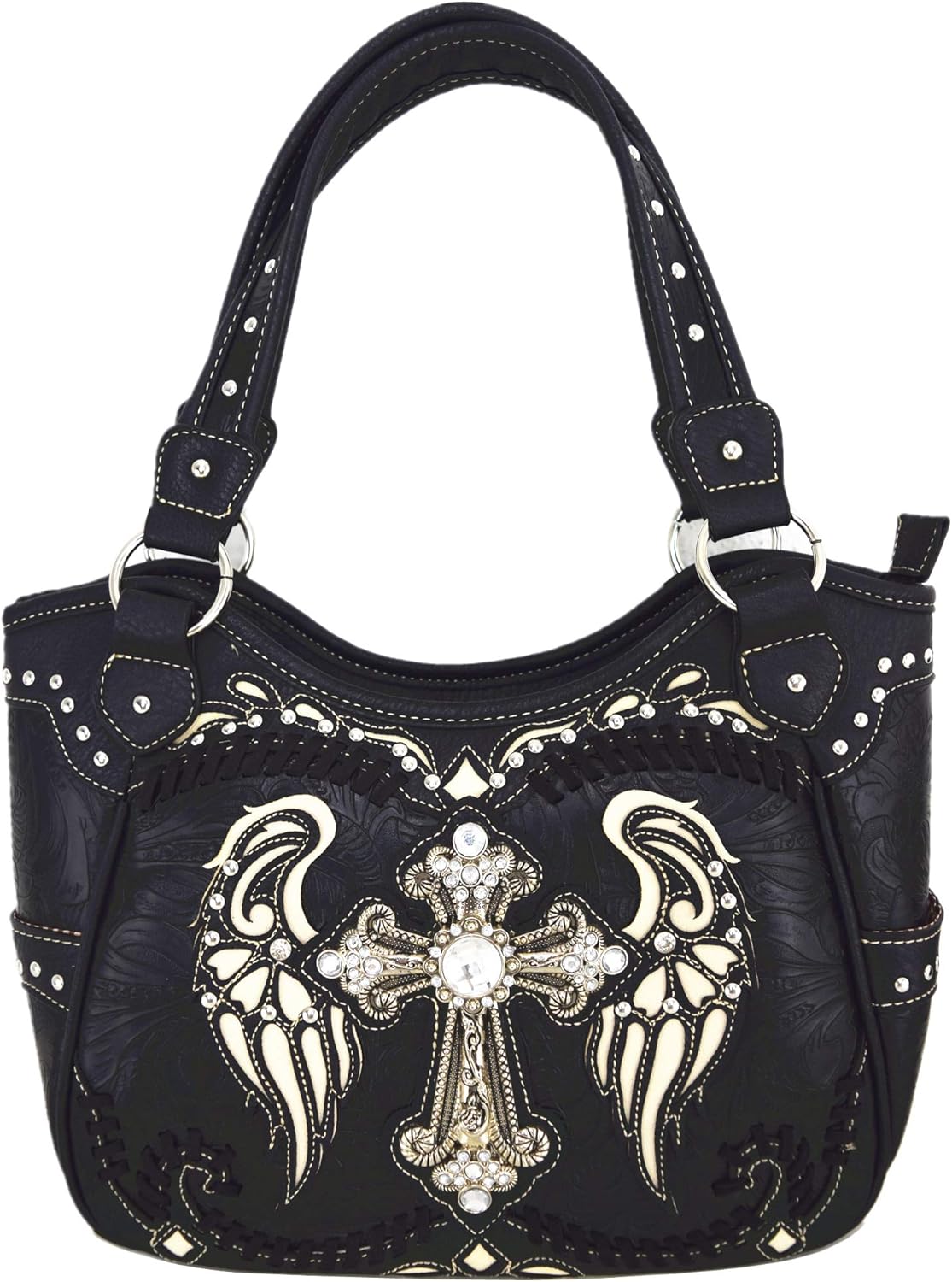 Western Style Rhinestone Cross Studded Laser Cut Wings Tooled Leather Purse Women Handbags Country Shoulder Bag Wallet Set - Image 2