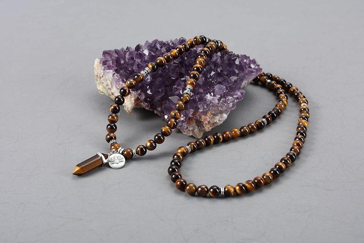 Jovivi 108 Mala Beads Bracelet 8mm Natural Amethyst Rose Quartz Healing Crystal Stone Mala Prayer Bead Necklace Hexagonal Prism Gemstone Reiki Pointed Pendant for Yoga Meditation Energy Balancing - Image 2