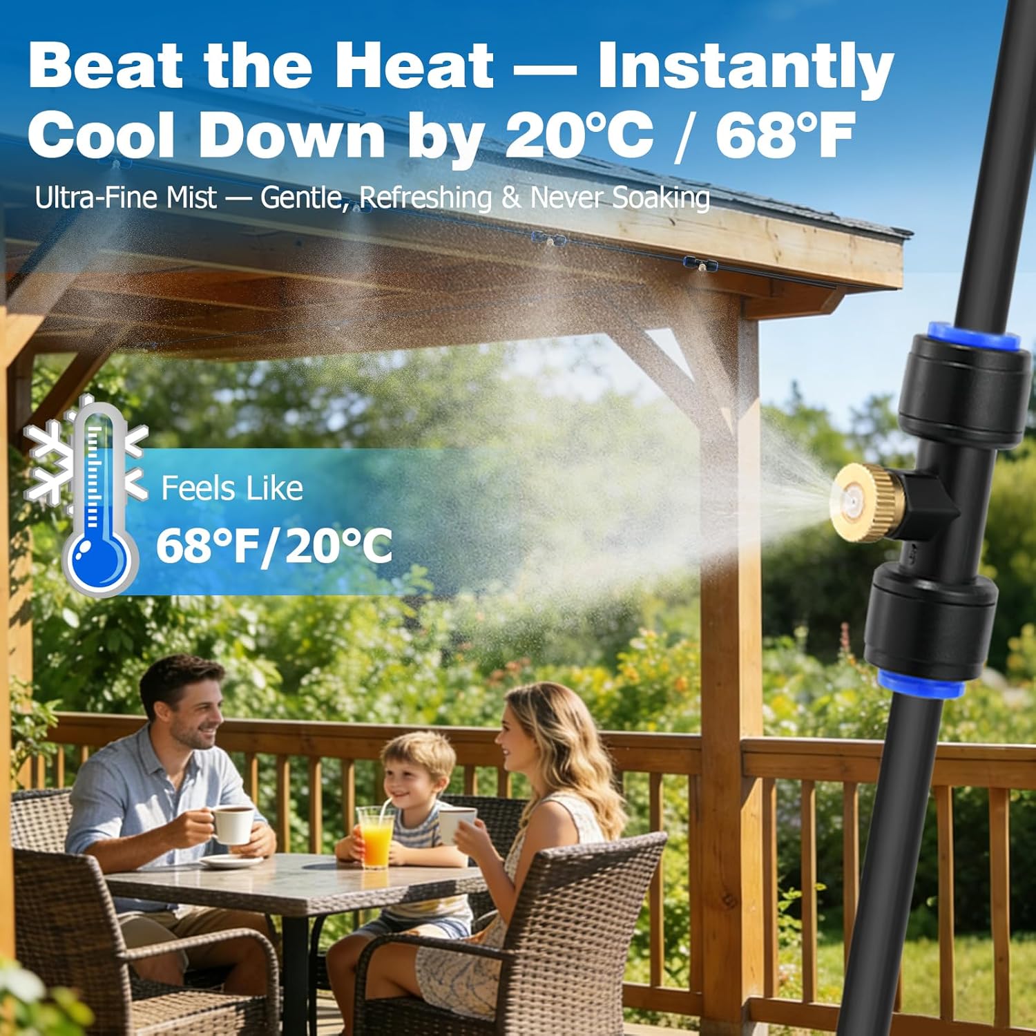 Mellbree Misters for Outside Patio 60FT/18M, Pre-Assembled Misting Cooling System with 19 Brass Nozzles & 3/4" Adapter, Outdoor Mister for Garden, Backyard, Pool, Greenhouse, Play Area, Trampoline