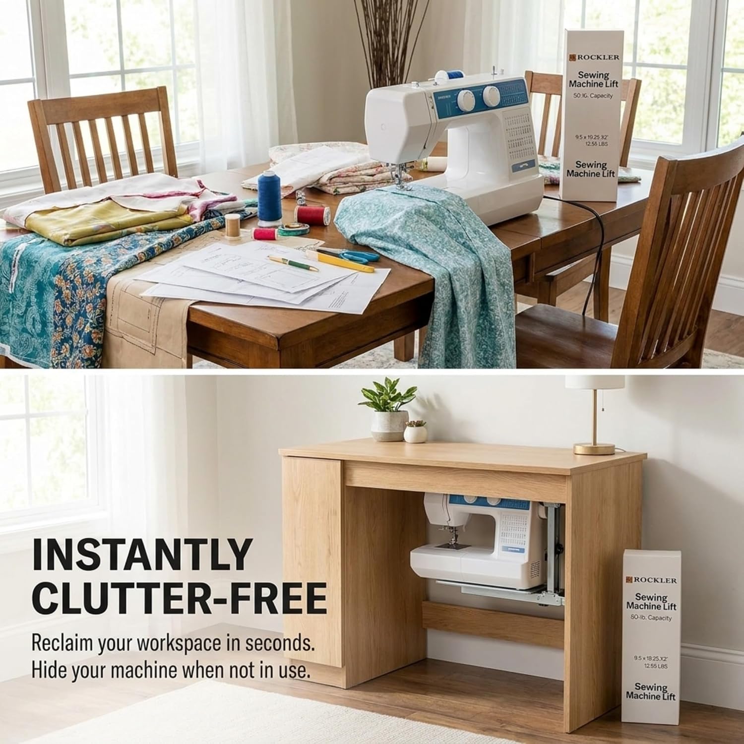 A sewing machine cabinet with the lift mechanism retracted, showing a clear, clutter-free workspace.