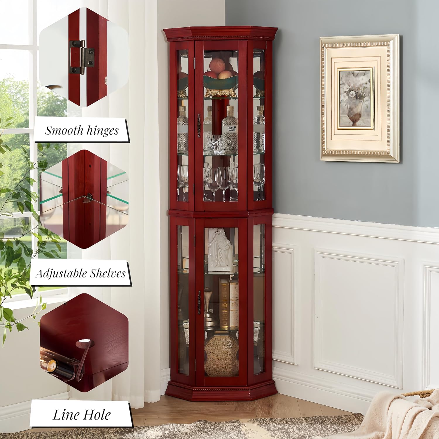 Lighted Glass Display Cabinet, Tempered Glass Door and Adjustable Shelves, Wood Corner China Cabinet with Anti-toppling Design, Corner Cabinet Rack for Living Room (Cherry)