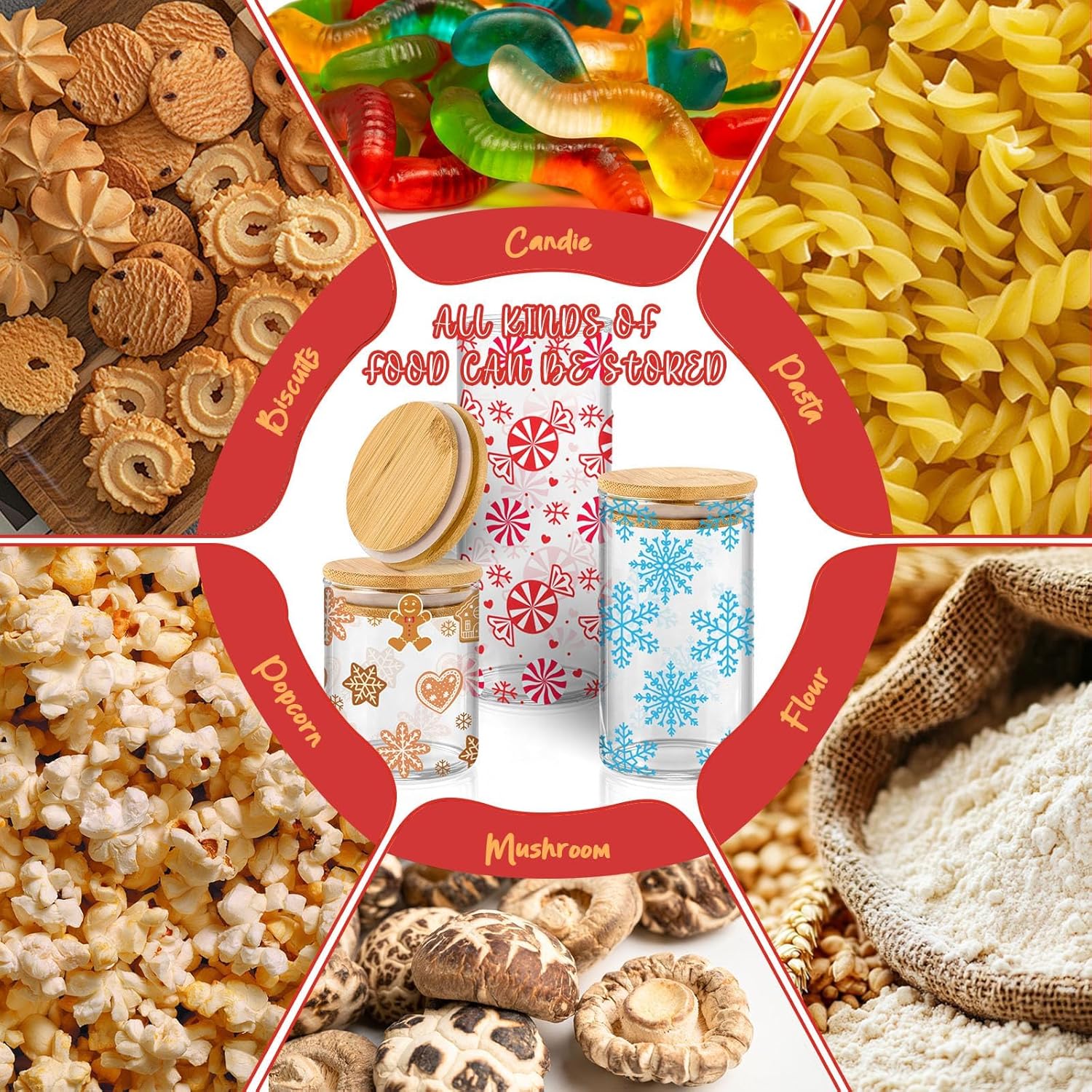 Cumule 3 Pcs Christmas Glass Storage Jars With Airtight Bamboo Lid Candy Cane Gingerbread Man Snowflake Glass Food Storage Jars with Wood Lid for Xmas Home Kitchen Containers Decoration