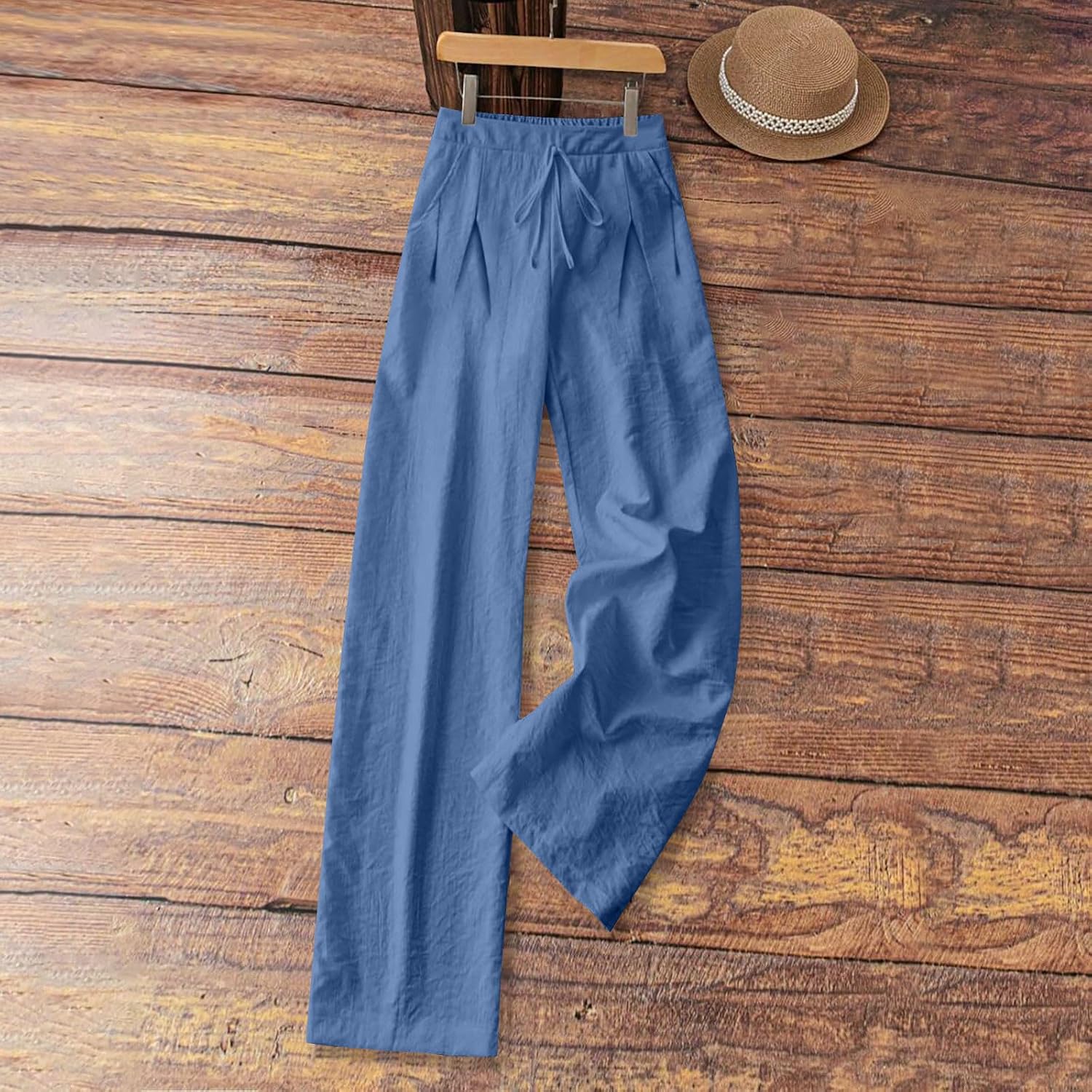Cotton Linen Pants for Women Summer Drawstring High Rise Elastic Waist Pants Lounge Wide Leg Trousers Vacation Outfits