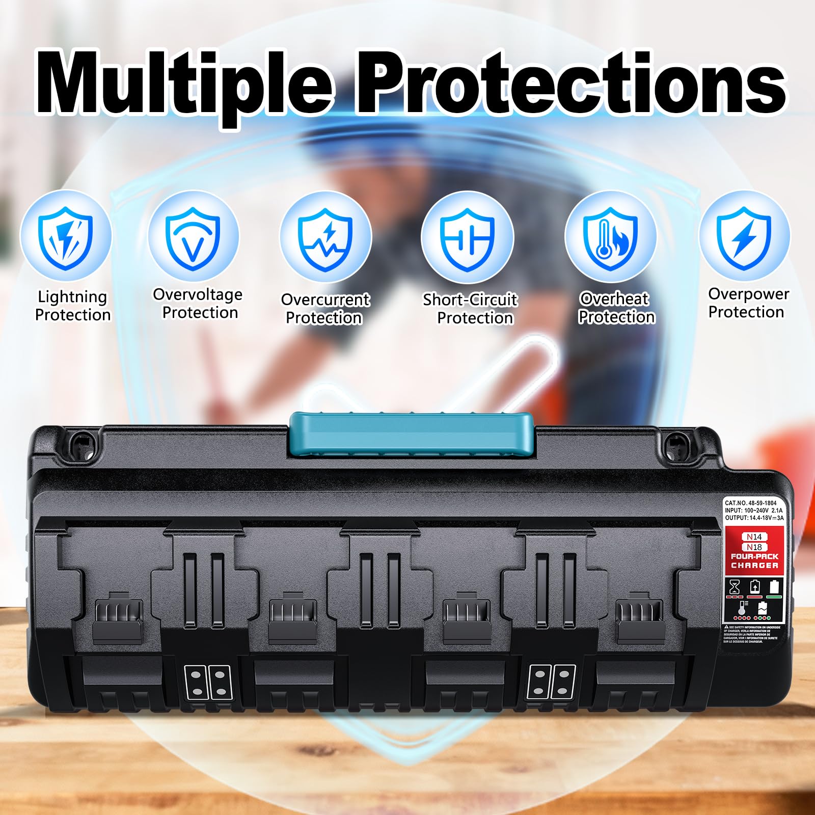 Estación de carga rápida de 4 puertos para batería Milwaukee M18 de 18 V, compatible con 48-11-1850, 48-11-1840, 48-11-1860, 48-11-1820, 48-11-1865, 48-11-1828, + 2 salidas de puerto USB