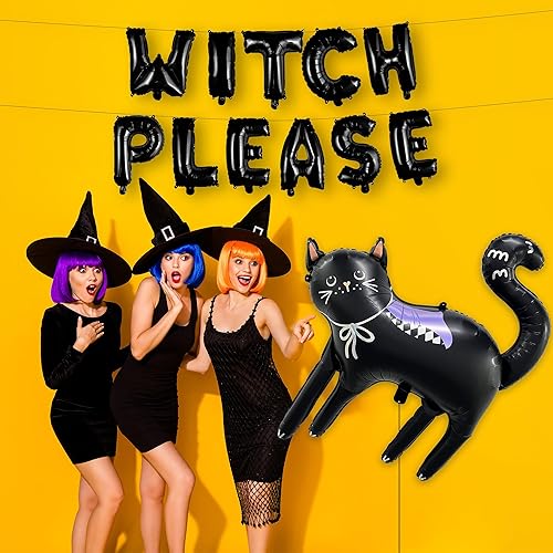 Miniatura 3 de HOUSE OF PARTY Kit de fiesta de globos de Halloween de gato negro extragrande de 29.5 x 32 pulgadas, 2 juegos de globos de letras "Witch Please" +