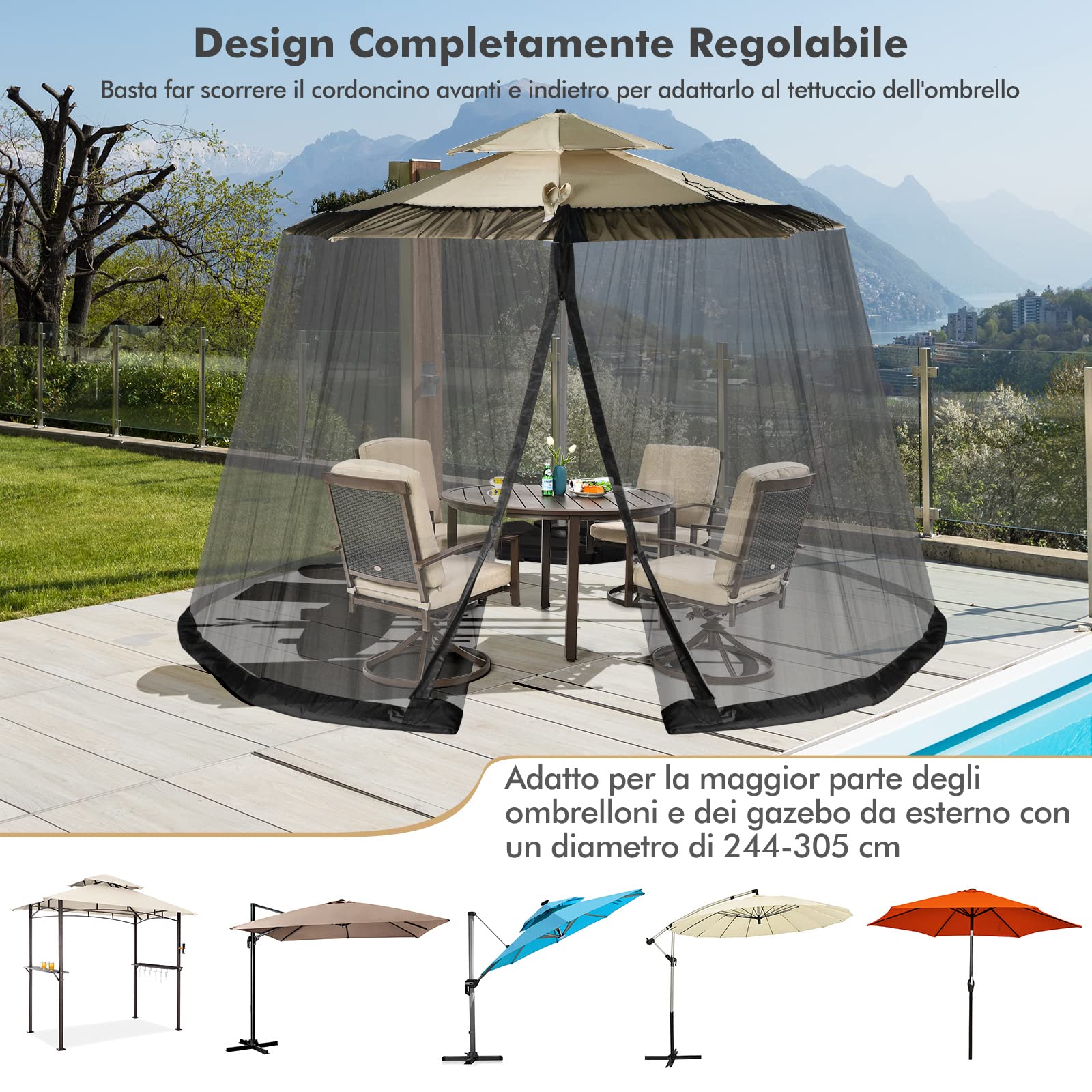 COSTWAY Zanzariera per Ombrellone da Esterno, Zanzariera Regolabile da Patio con 2 Porte a Doppia Cerniera, Rete per Copertura Ombrellone, 12,5 x 2,3 m