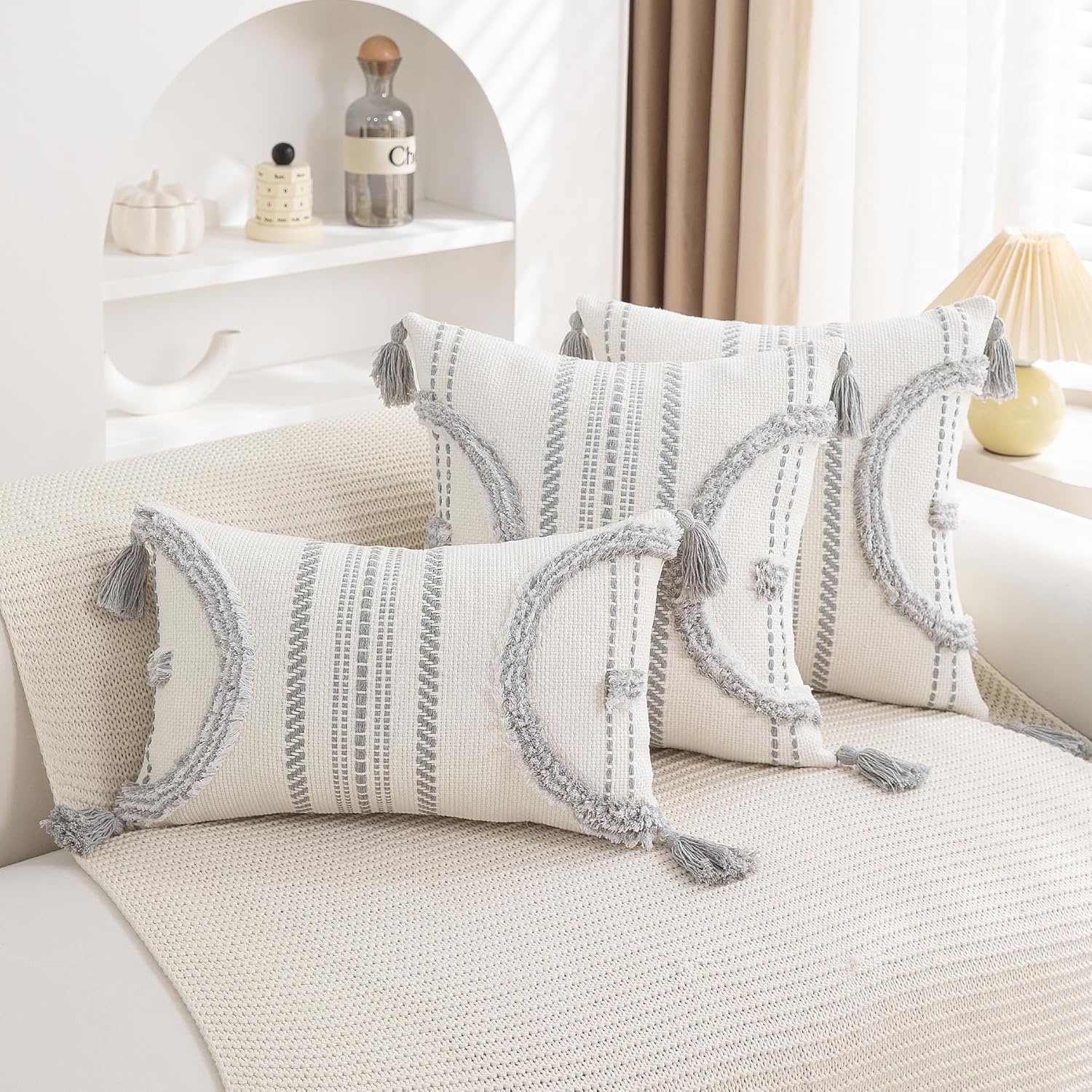 Boho Throw Pillow Covers 18x18 Set of 2 Cotton Woven Tufted Farmhouse Pillows Covers with Tassels Outdoor Neutral Gray Decorative Pillowcases Square Textured Accent Cushion Cases for Couch Bed Sofa - Image 6