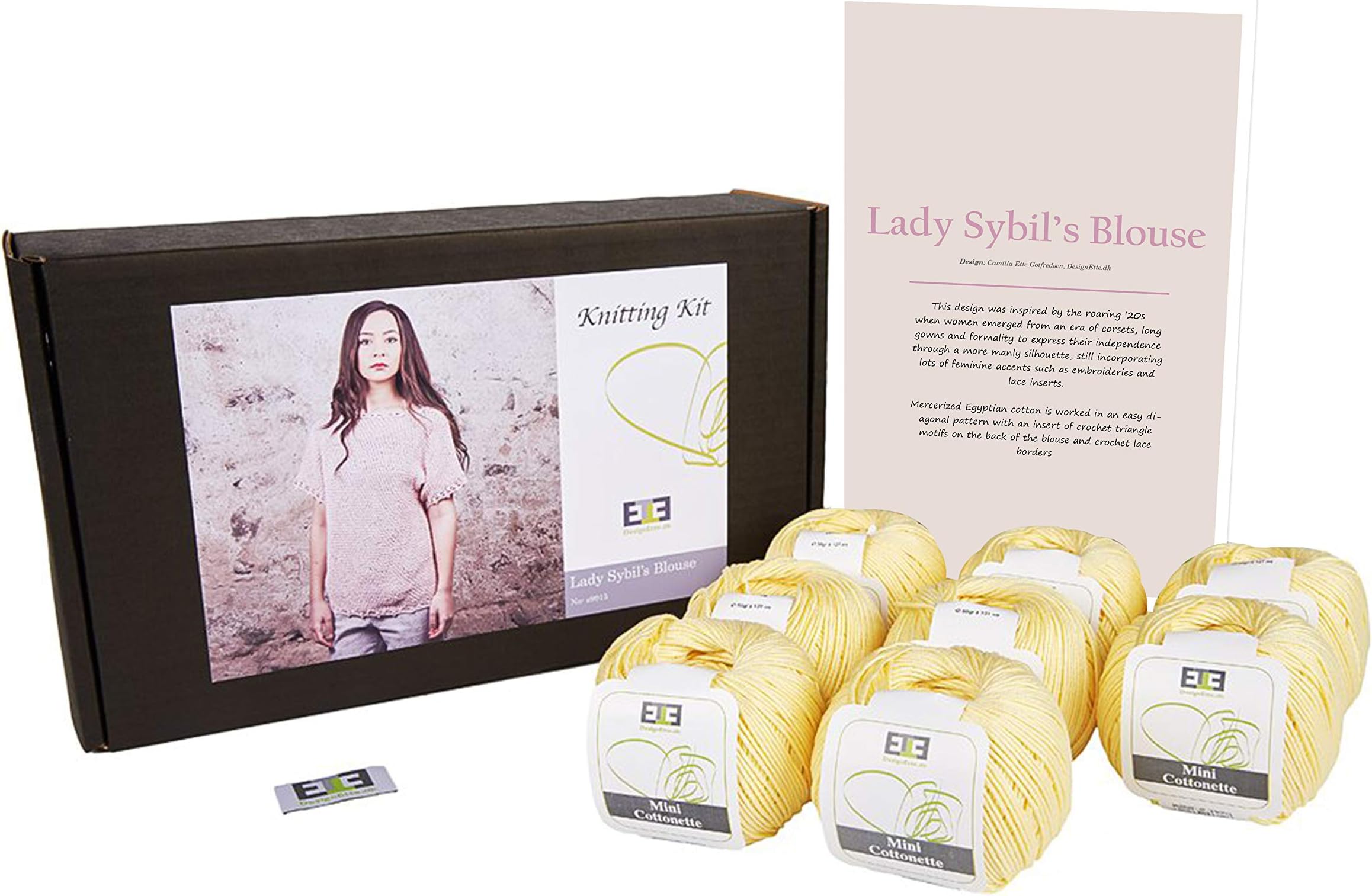 DesignEtteDenmark Blouse of Lady Sybil Knitting Kit 50g/127m 400g Mercerized Egyptian Mako Cotton Knitting Kit - Baby Blue Mellon Yellow 1