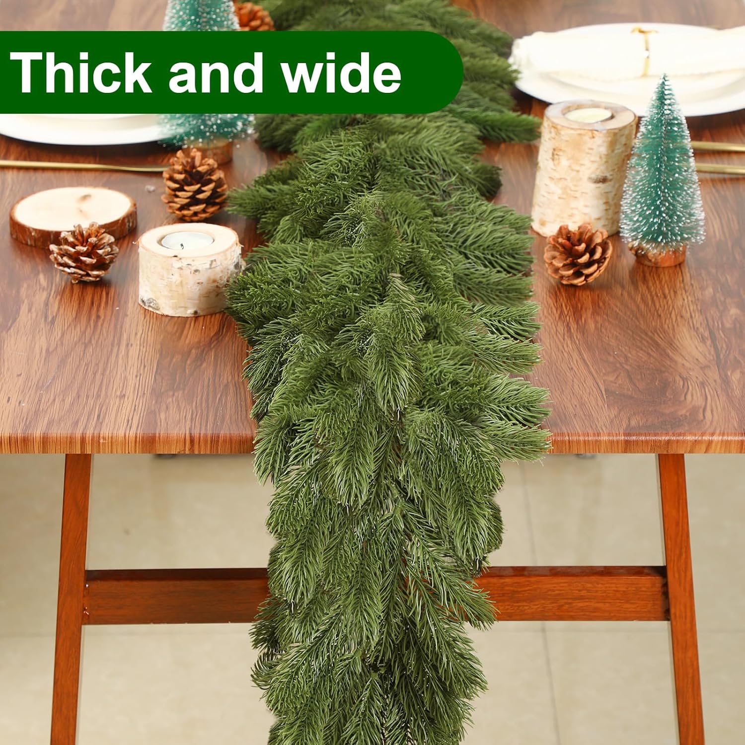 Lyrow 1 Pcs 15 ft Artificial Pine Greenery Garlands Deluxe Faux Thick Real Touch Winter Pine Garland Artificial Greenery Wreath for Table Fireplace Mantle Indoor Outdoor Christmas Decorations - Image 4