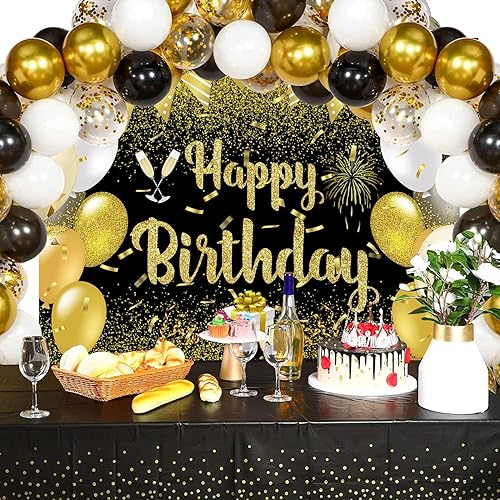 Miniatura 5 de Juego de mantel de fondo de feliz cumpleaños negro y dorado con texto en inglés "Happy Birthday", decoración de regalo, 7 x 5 pies y mantel de