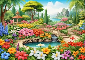 Rustic Retreat at Sunset 1000 Piece Jigsaw Puzzles for Adults - Wooden Cottage, Blossoming Trees & Serene Bridge