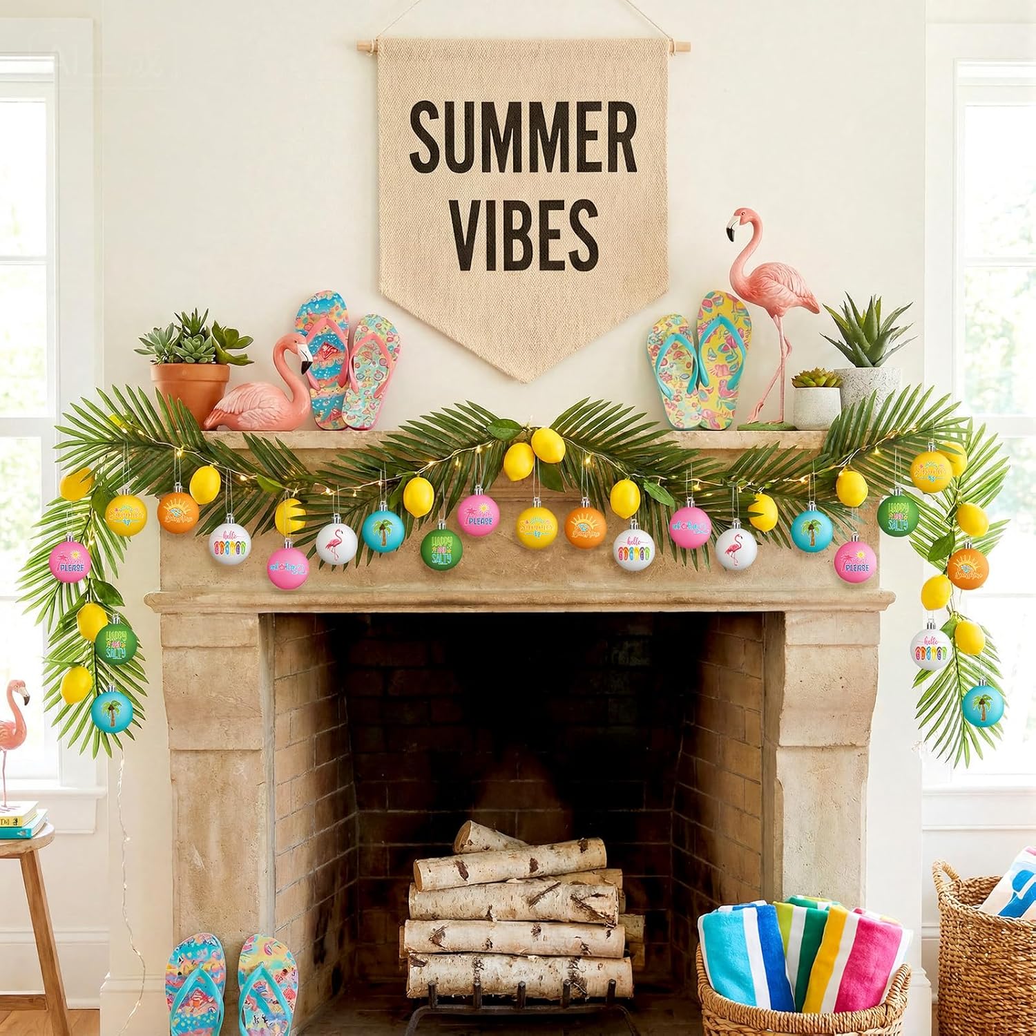 VIHOSE 40 Pcs Summer Ball Ornaments Colorful Hawaiian Ornaments for Tree 1.18" Flamingo Sun Coconut Palm Hanging Decorations Pink Blue Hanging Summer Beach Plastic Balls for Home Decors Holiday Party