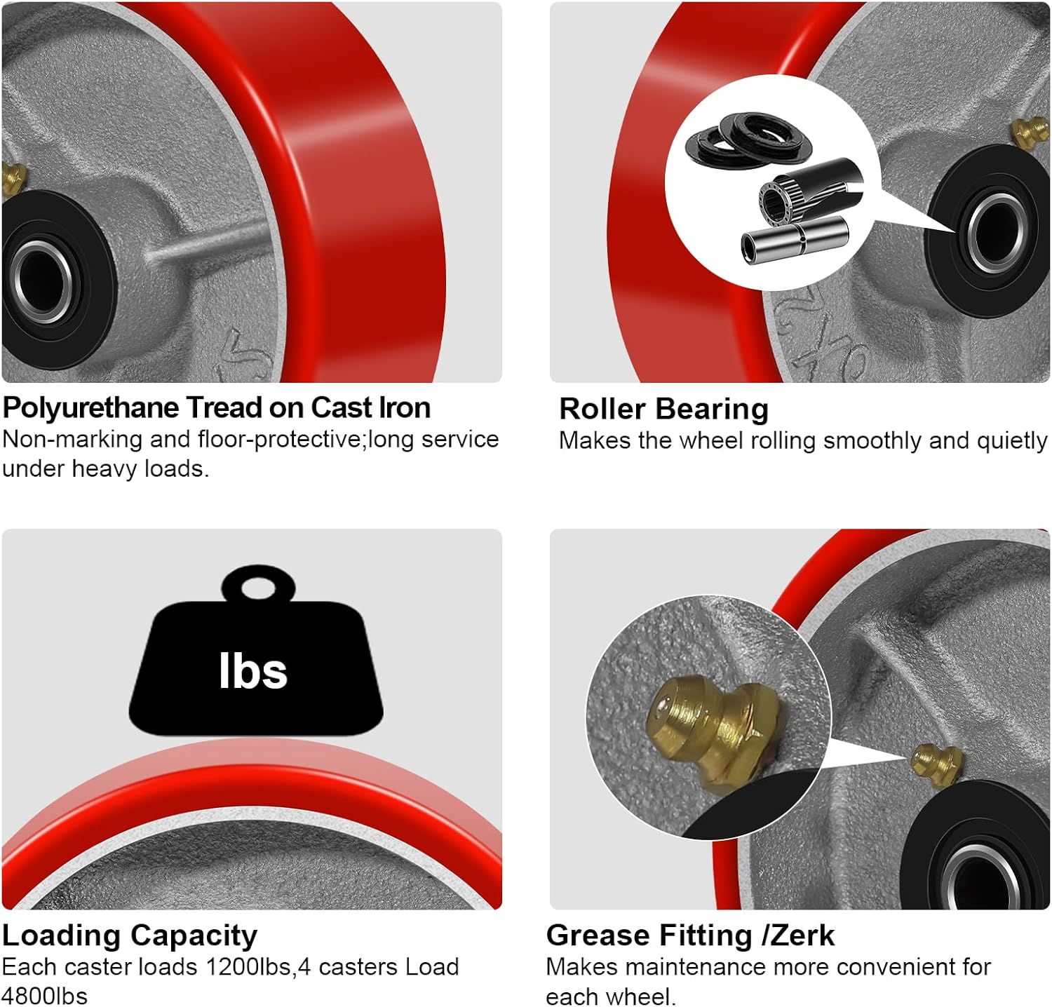 6" x 2" Heavy Duty Caster Wheels, 1/2" Bore Axle Polyurethane on Cast Iron Wheel, Set of 2 Replacement Industrial Caster Wheels for Cart Toolbox (2 Wheel)