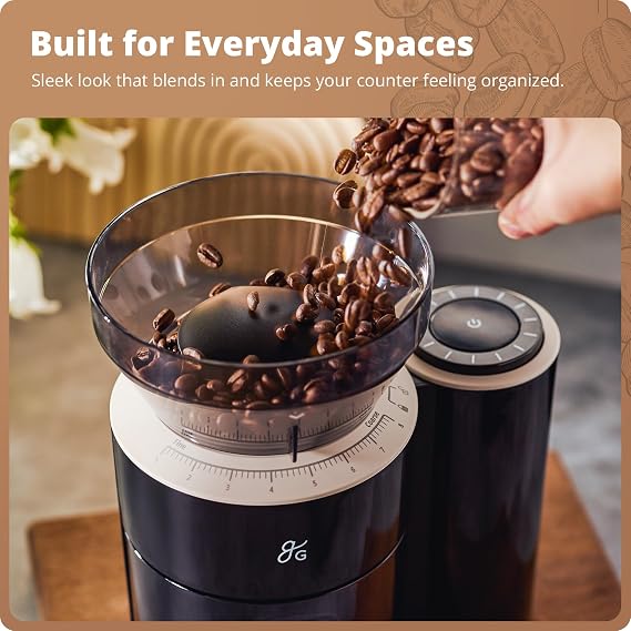 Greater Goods Coffee Grinder with Built-in Dosing Scale - Conical Burr Grinder with 8 Grind Settings, UV-Tinted 200g Hopper, for Espresso, Pour Over, French Press & Cold Brew, Onyx Black