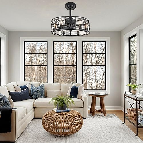 Miniatura 7 de Ventiladores de techo enjaulados con luz con control remoto, lámpara de techo de granja negra, candelabro rústico vintage de 20 pulgadas para patio,