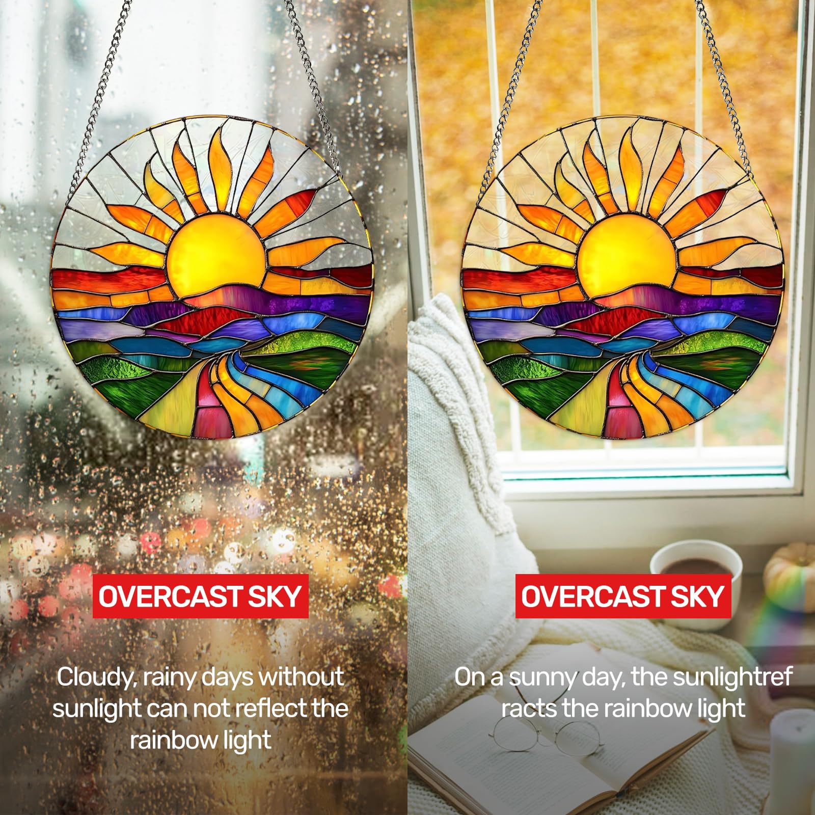 Acchiappasole, 20 x 20 cm, con effetto vetro colorato, lanterna solare in stile boho, con catena e gancio, decorazione da appendere per giardino, balcone, soggiorno e camera da letto [classe
