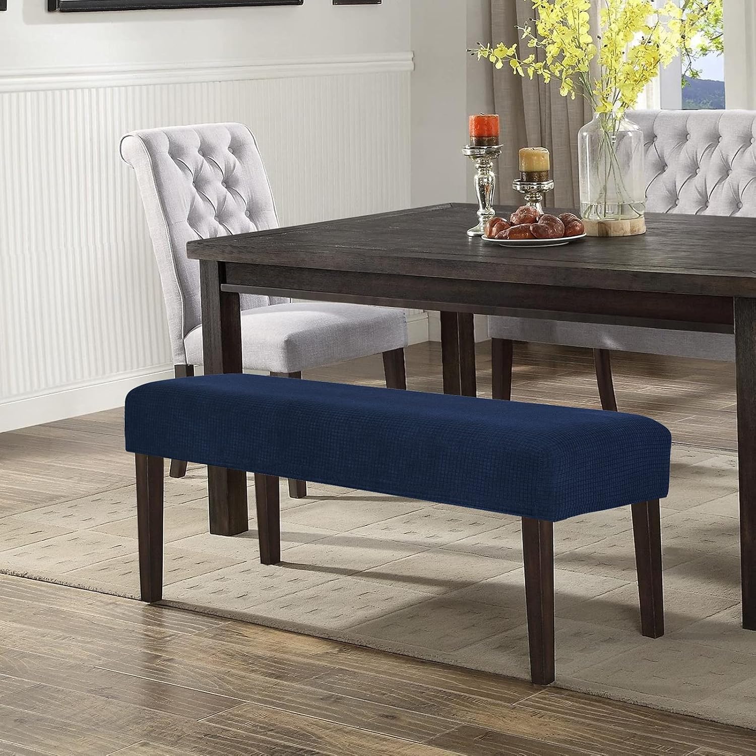 WOMACO Bench Slipcover for Dining Room Stretchable Removable Upholstered Kitchen Rectangle Bench Cover Protector for Pets Kids (Dark Blue, Medium)