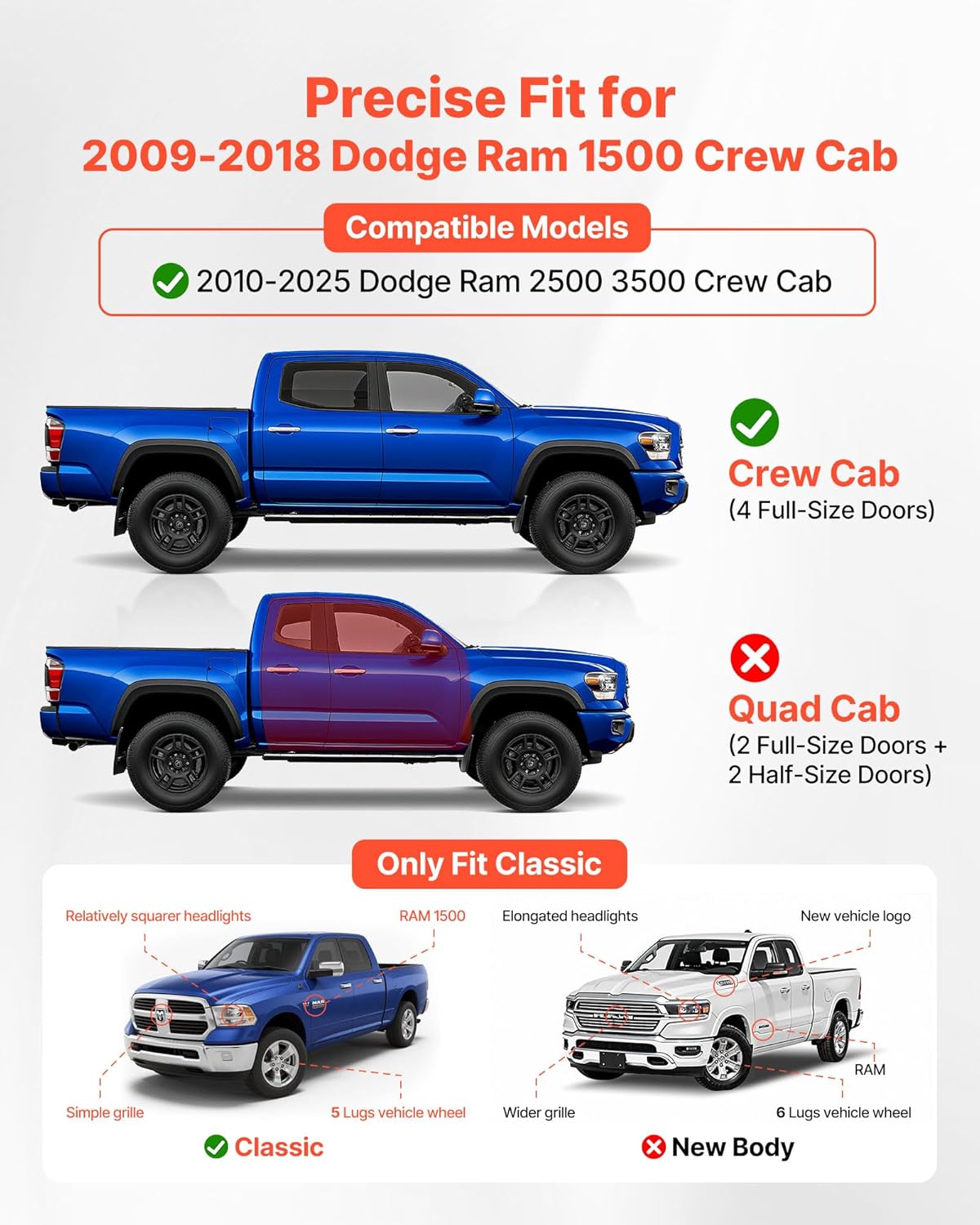 VEVOR Running Boards, 6 Inches Side Steps Compatible with 2009-2018 Dodge Ram 1500 Crew Cab, 2010-2025 2500 3500 Crew Cab (Not Fit 2019-2025 Ram 1500 New Body), Non-Slip Black Carbon Steel Nerf Bars