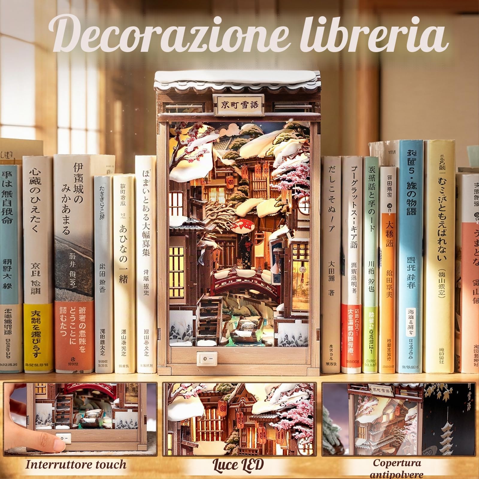 CUTEBEE Book Nook Kit - Casa delle bambole fai da te da costruire per adulti, puzzle 3D in legno con LED, scena invernale a Kyoto, decorazione per biblioteca, regali fatti a mano (Kyoto Snow Whisper)