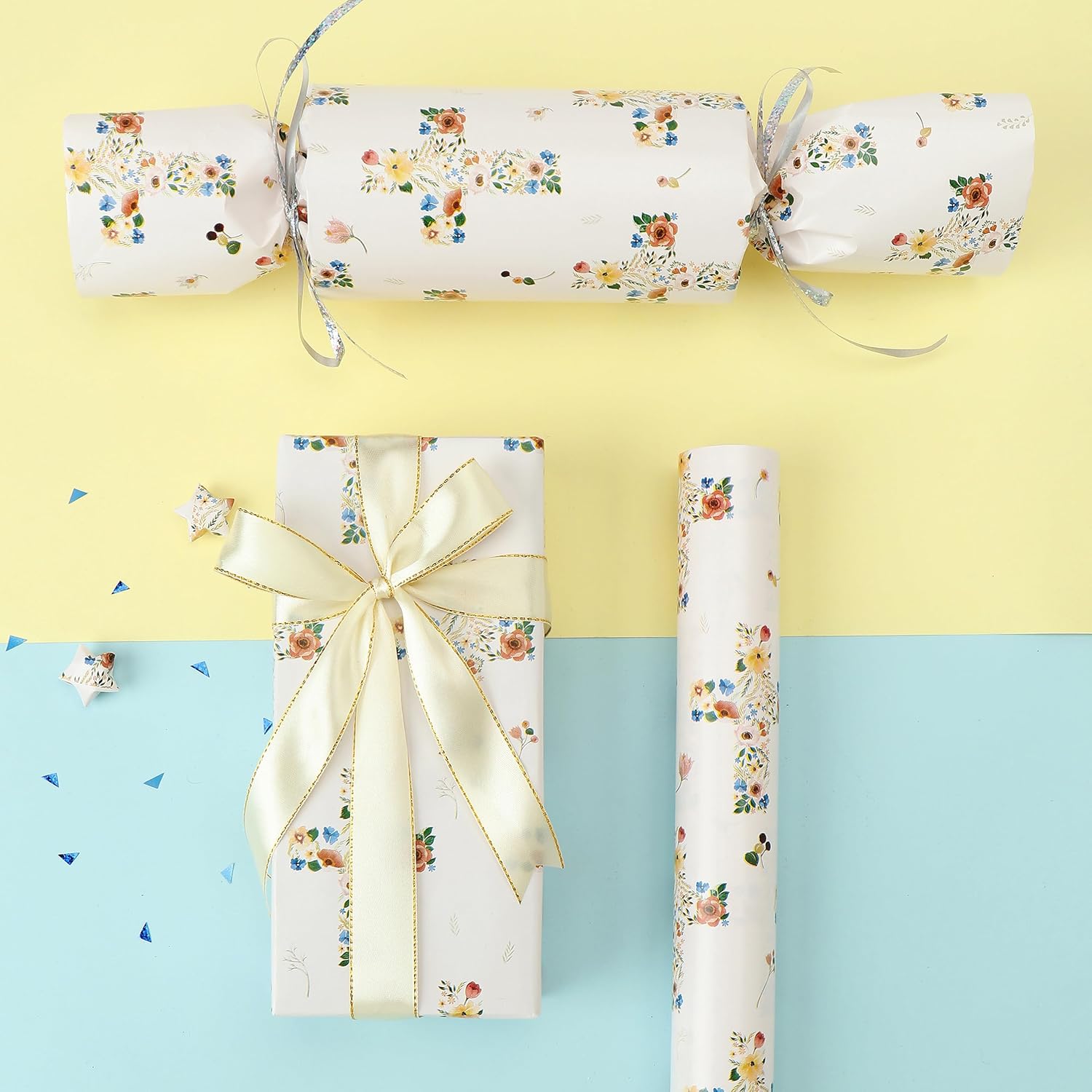 Floral Religious Wrapping Paper Roll, Mini Roll-17 Inches X 32.8 Feet, Wrap Paper for Women Girls, for First Communions, Baby Girl Baptisms, Christenings, Religious Occasion, Clergy Day, 1 Roll image 2