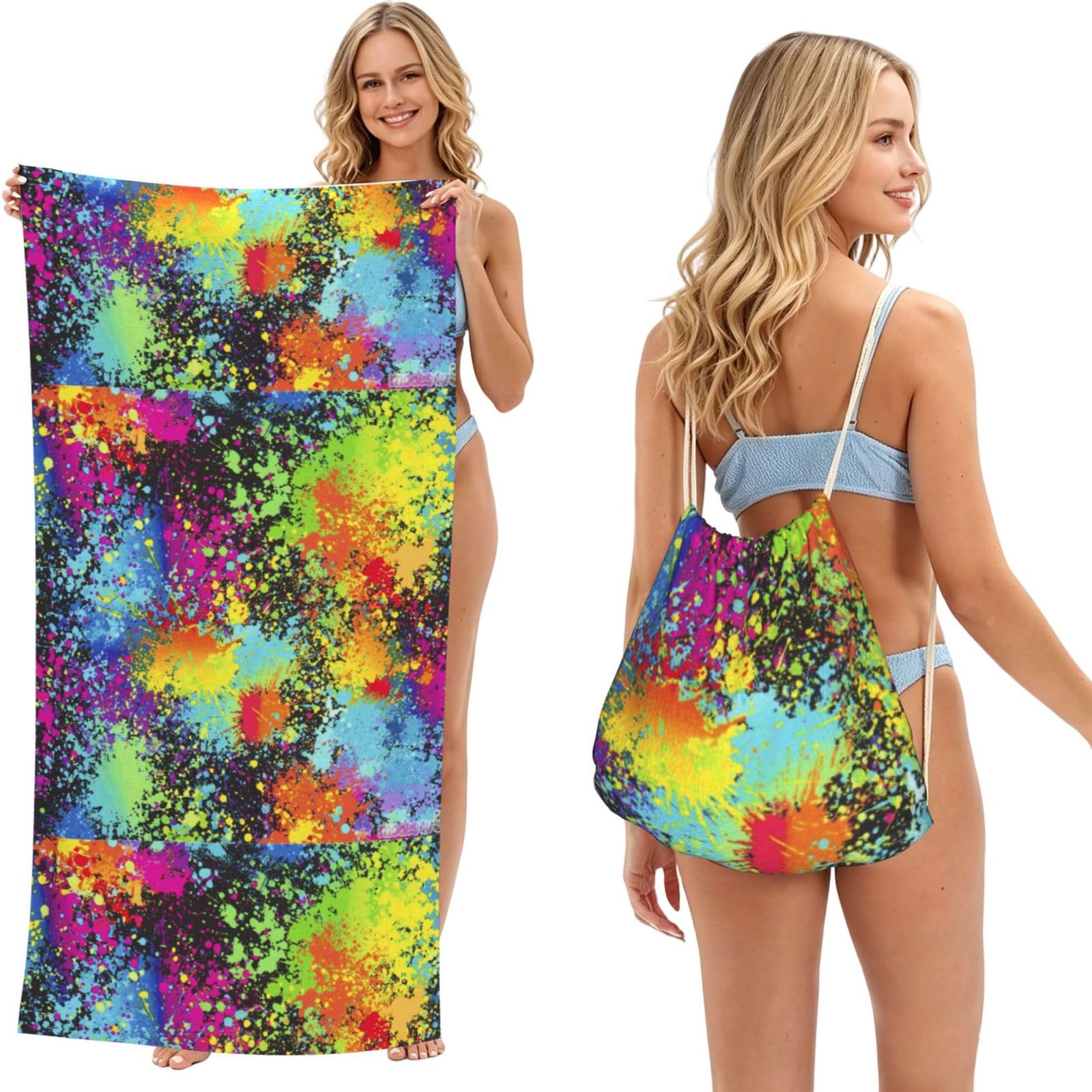 Poadnly As Picture Rainbow Of Neon Paint Splatters, 2 In 1 Packable Towel Bag, Beach Towels With Drawstring Backpack For Travel Holiday Camping
