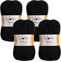 Wollidu Mila Garn zum Häkeln und Stricken 4 x 50g/133m Strickgarn 100% Polyacryl Häkelgarn Schwarz