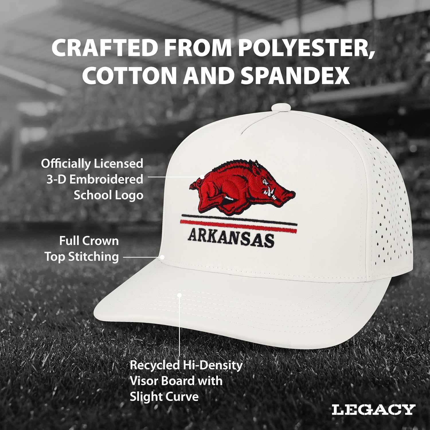 Legacy NCAA Officially Licensed Baseball Hat, Arkansas Razorbacks, Lightweight Cap for Men & Women, Cut Above Adjustable (Cut), White, One Size Fits Most, Snapback Closure