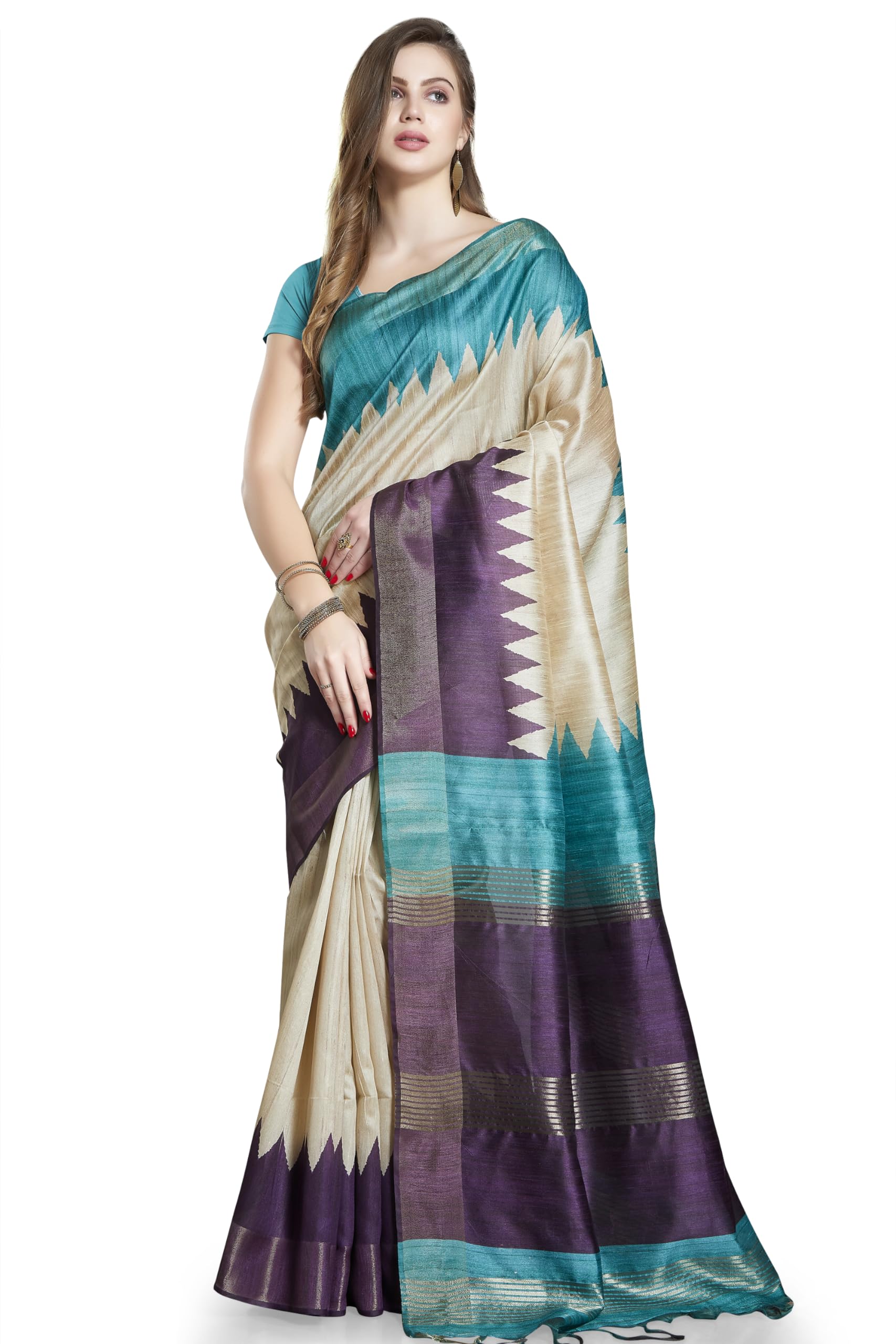 rani saahiba Women's Printed Art Tussar Silk Zari Border Saree With Blouse Piece-picture-20