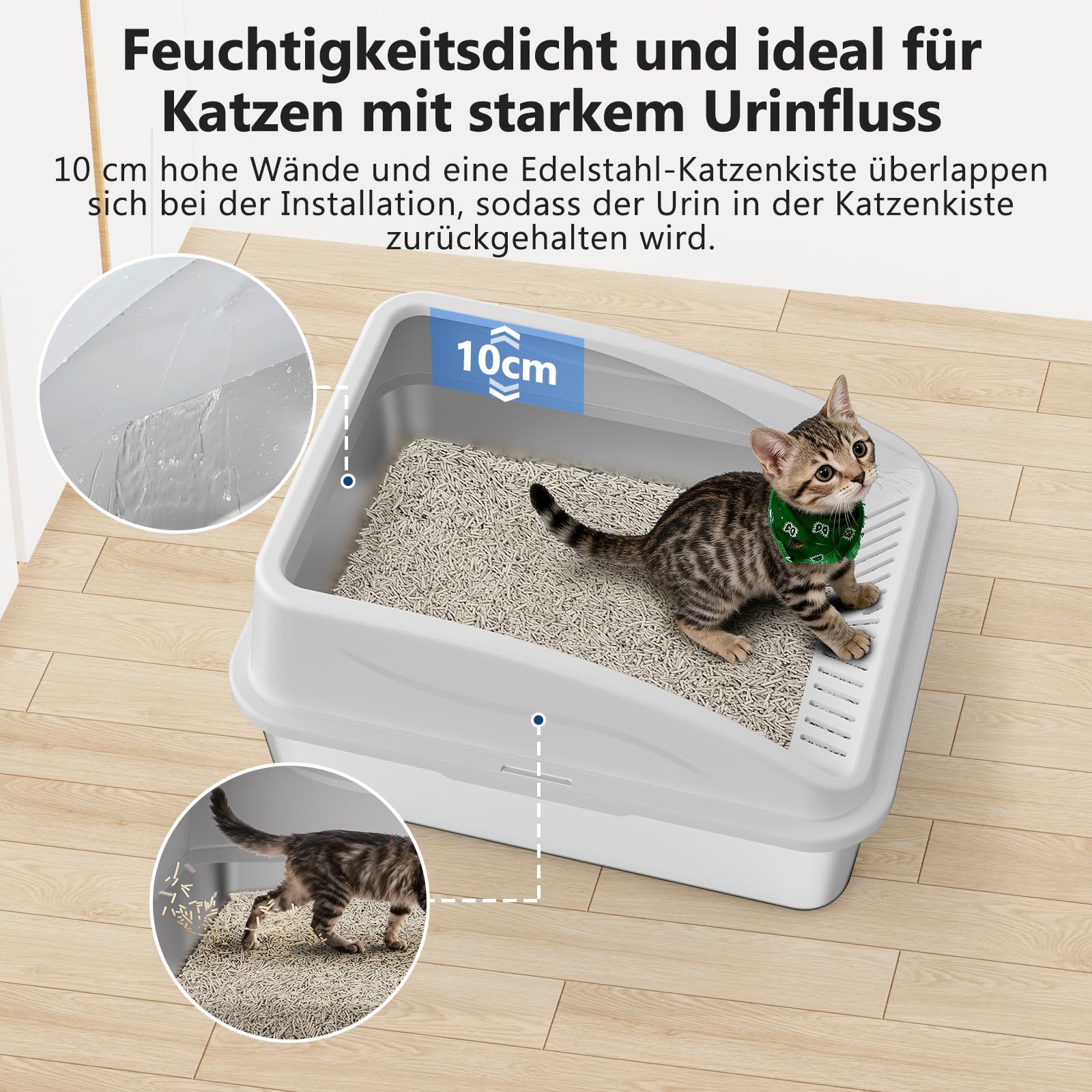 FURTIME Lettiera per gatti in acciaio inox, 18 l, con pala, in metallo con alloggiamento laterale a parete alta, a prova di perdite, per gattini, 43 x 33 x 20 cm