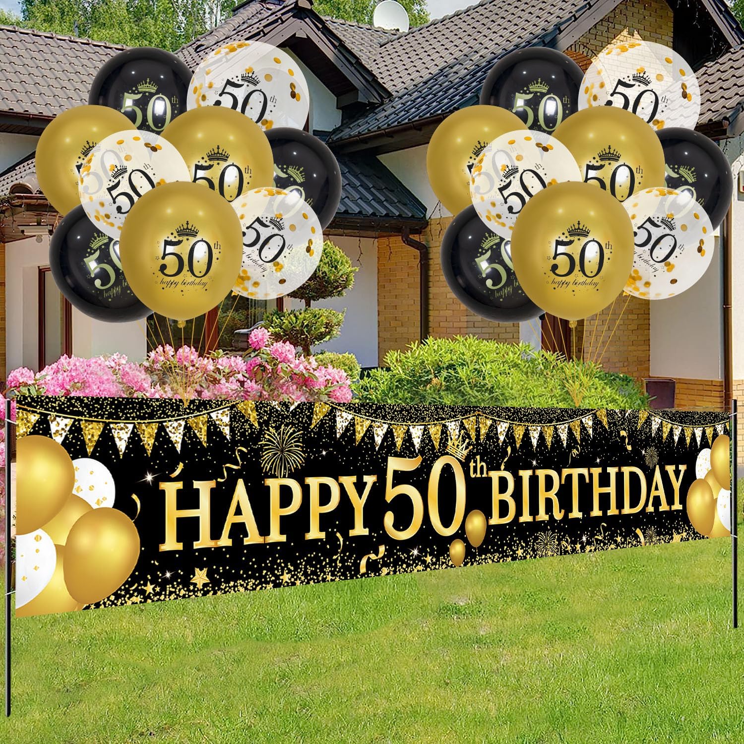 50th Birthday Decorations - Black Gold 50th Birthday Banner and Balloons for Indoor/Outdoor Parties - Image 2
