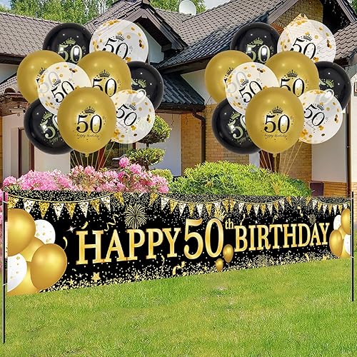 Miniatura 2 de Decoraciones de cumpleaños 50 - Cartel de cumpleaños 50 en negro y dorado y globos para fiestas en interioresexteriores